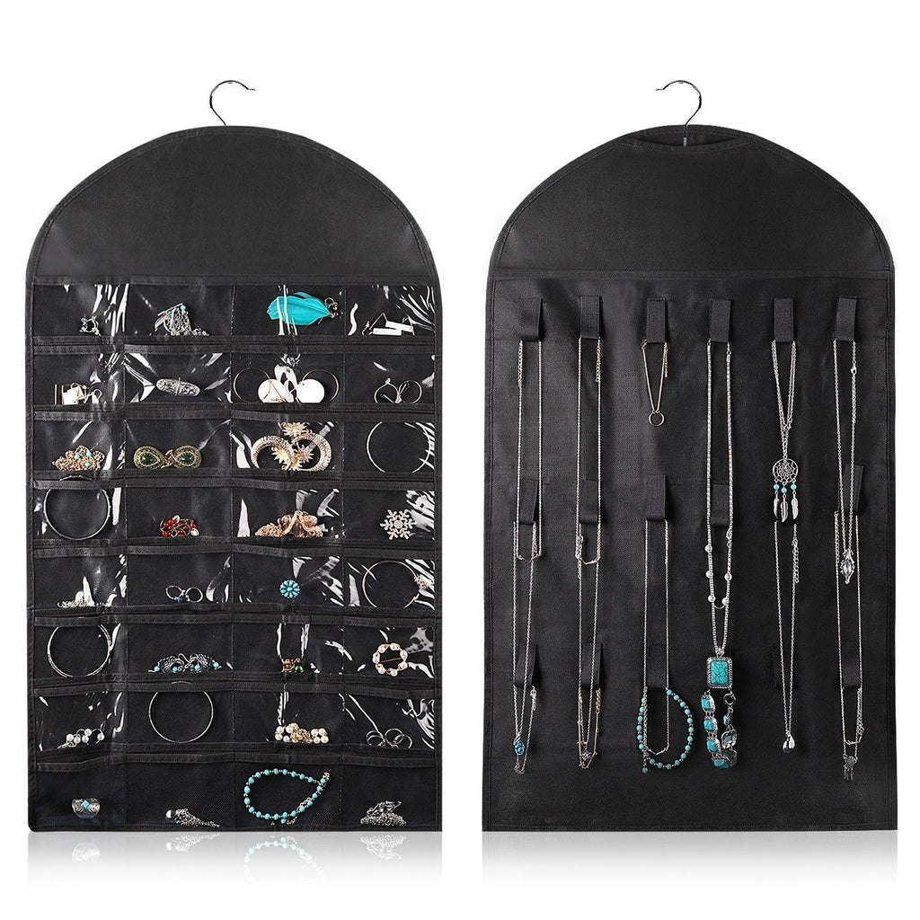 Flexzion Hanging Jewelry Organizer – 1 Pack Black 32 Clear Pockets & 18 Hooks & Loops