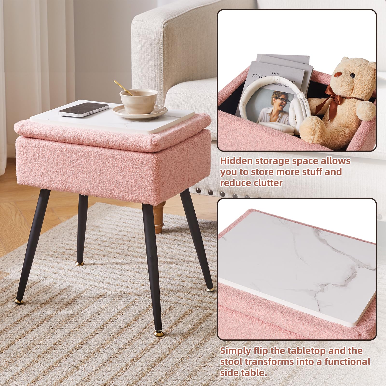 Aibiju Faux Teddy Fur Vanity Stool with Storage – Rectangular Ottoman Chair