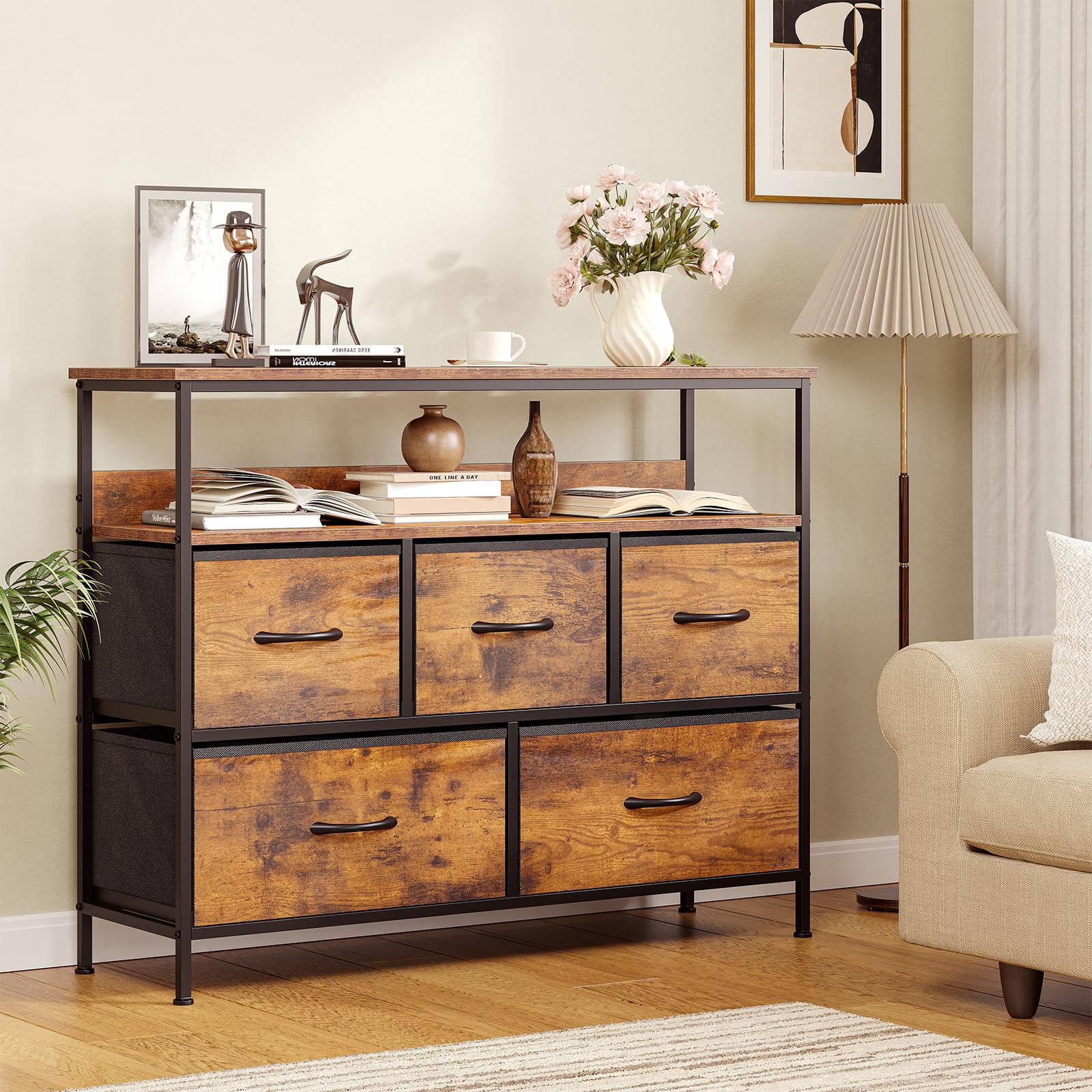 Feonase 5 Drawer Dresser – Narrow Fabric Chest of Drawers with TV Stand