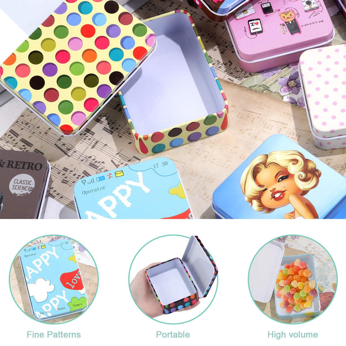 Pramape Pack of 8 Metal Tins with Lids, 90 x 65 x 25 mm Circular Dots Tin Boxes for Small Items and Craft Projects - image 3
