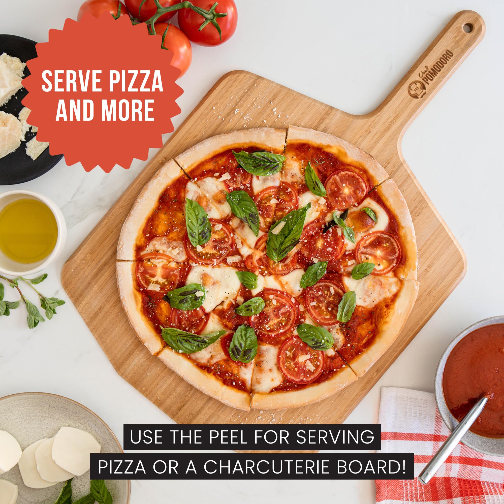 Chef Pomodoro 16-inch Bamboo Pizza Peel | Wooden Pizza Paddle with Handle