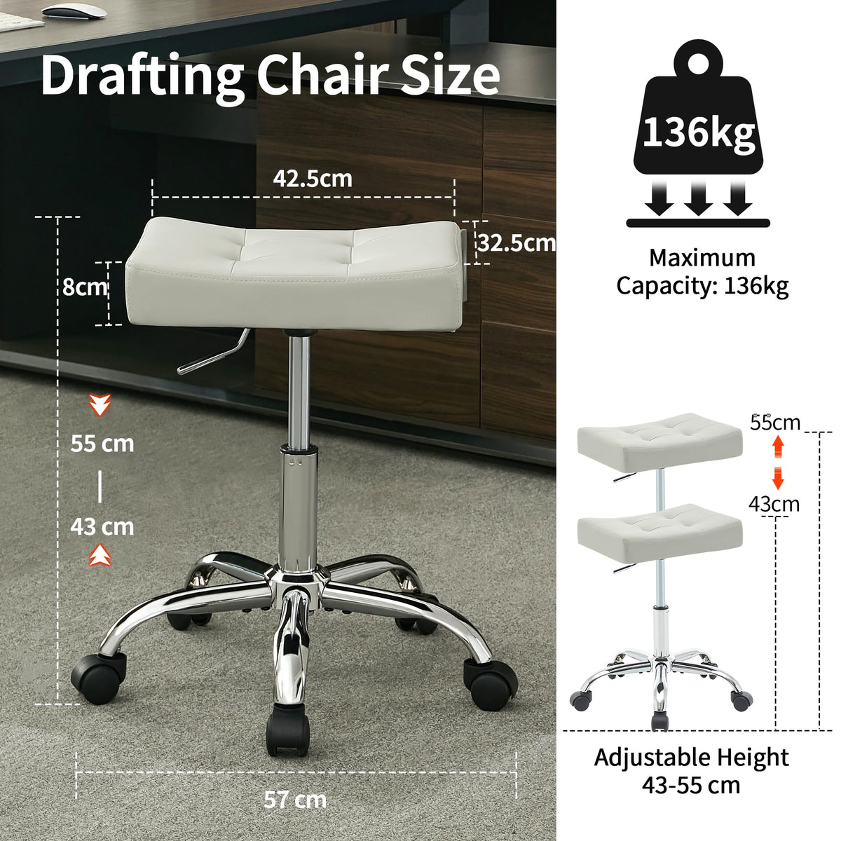 FIRAVOE Adjustable Drafting Stools 43.5–54.5 cm Saddle Shaped Seat 136 kg Capacity Office Stool with Wheels - image 3