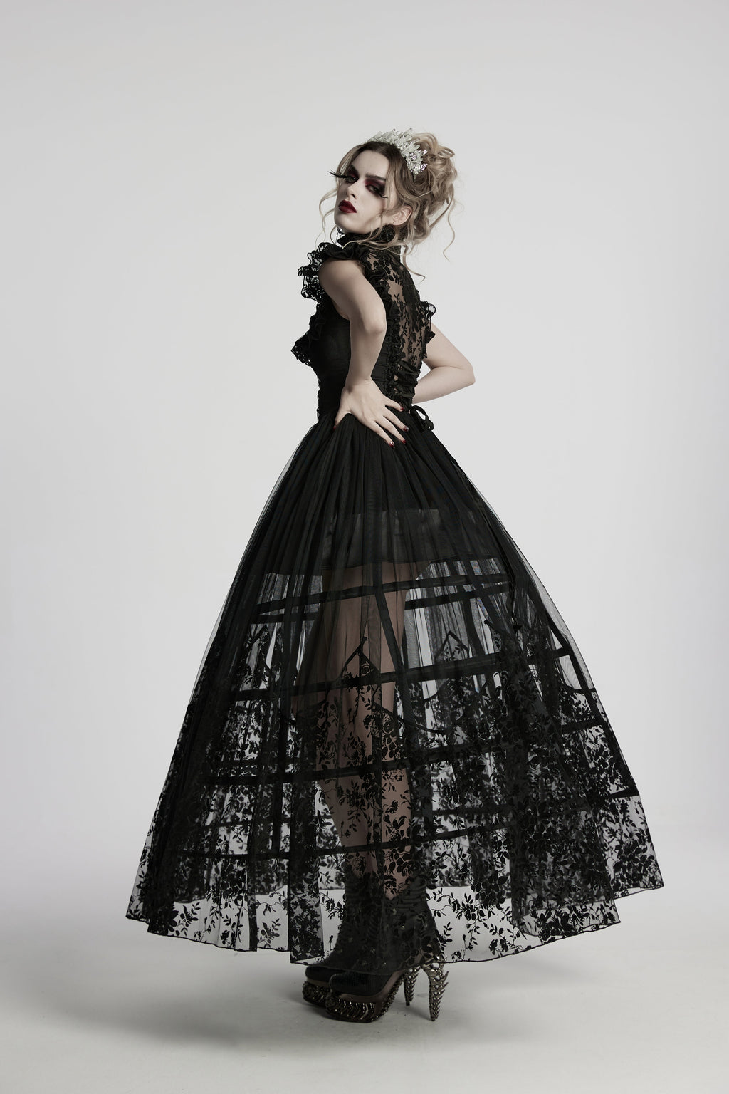 Punk Rave Seraphina Goth Dress – Velvet Floral Mesh Flying Sleeve