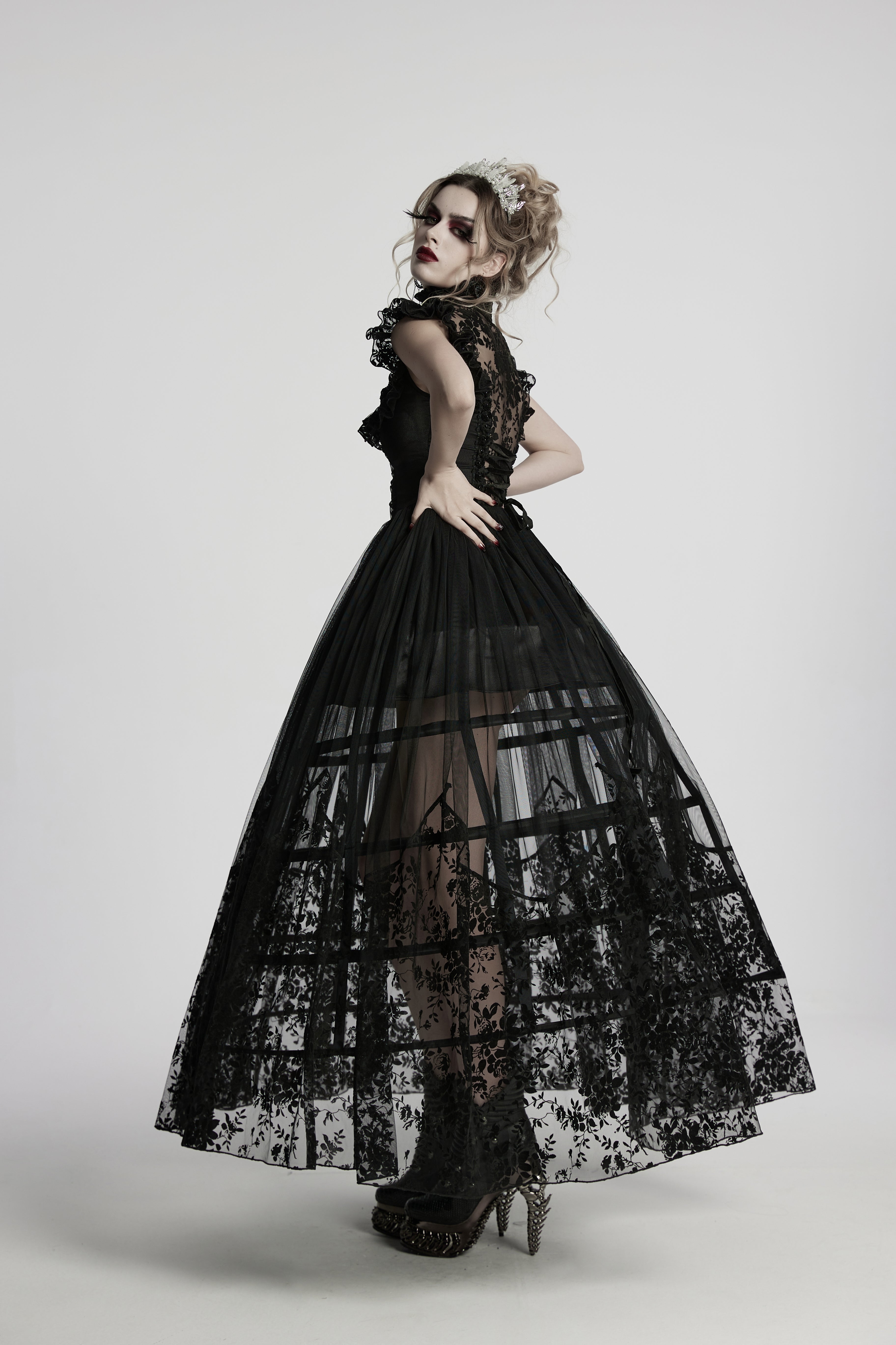 Punk Rave Seraphina Goth Dress – Velvet Floral Mesh Flying Sleeve