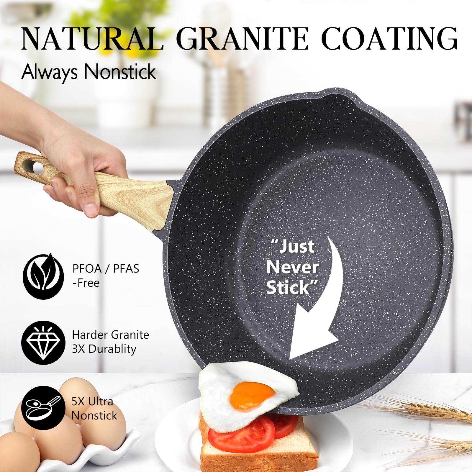 GiPP Nonstick Deep Frying Pan – 2.6L Grey Granite Saute Pan with Lid