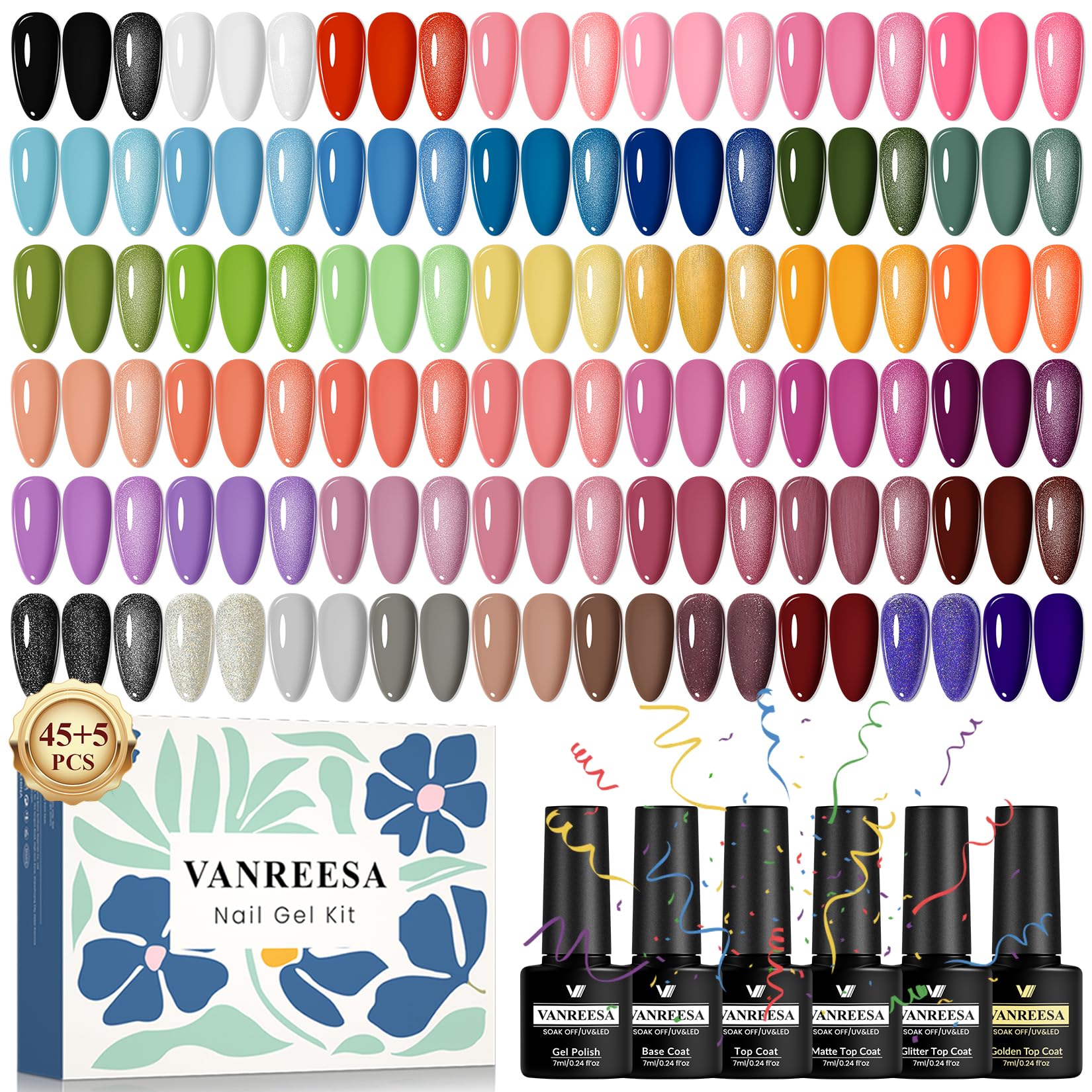 VANREESA Gel Nail Polish Set – 50 PCS Soak Off Kit with Base & Top Coats