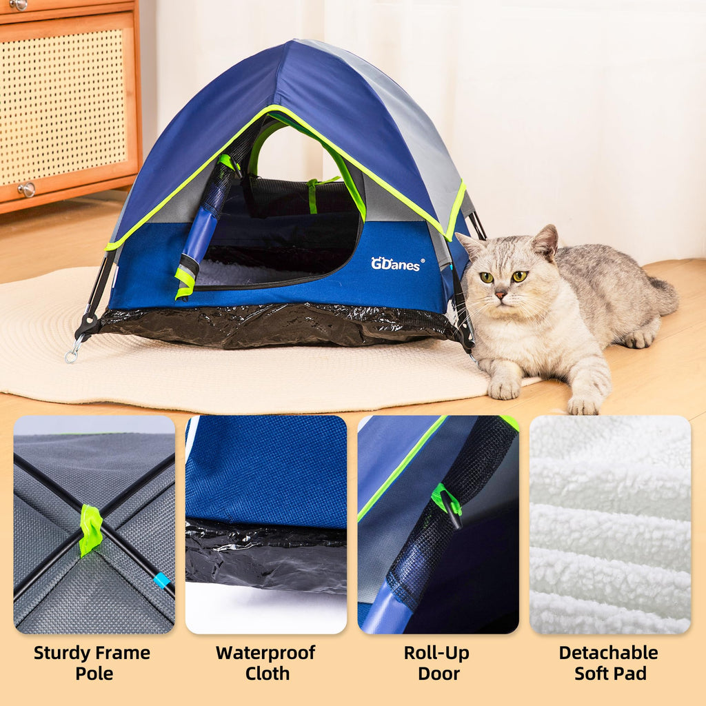 Blue Cat Tent – Large Indoor Outdoor Pet Cave Bed with Mat