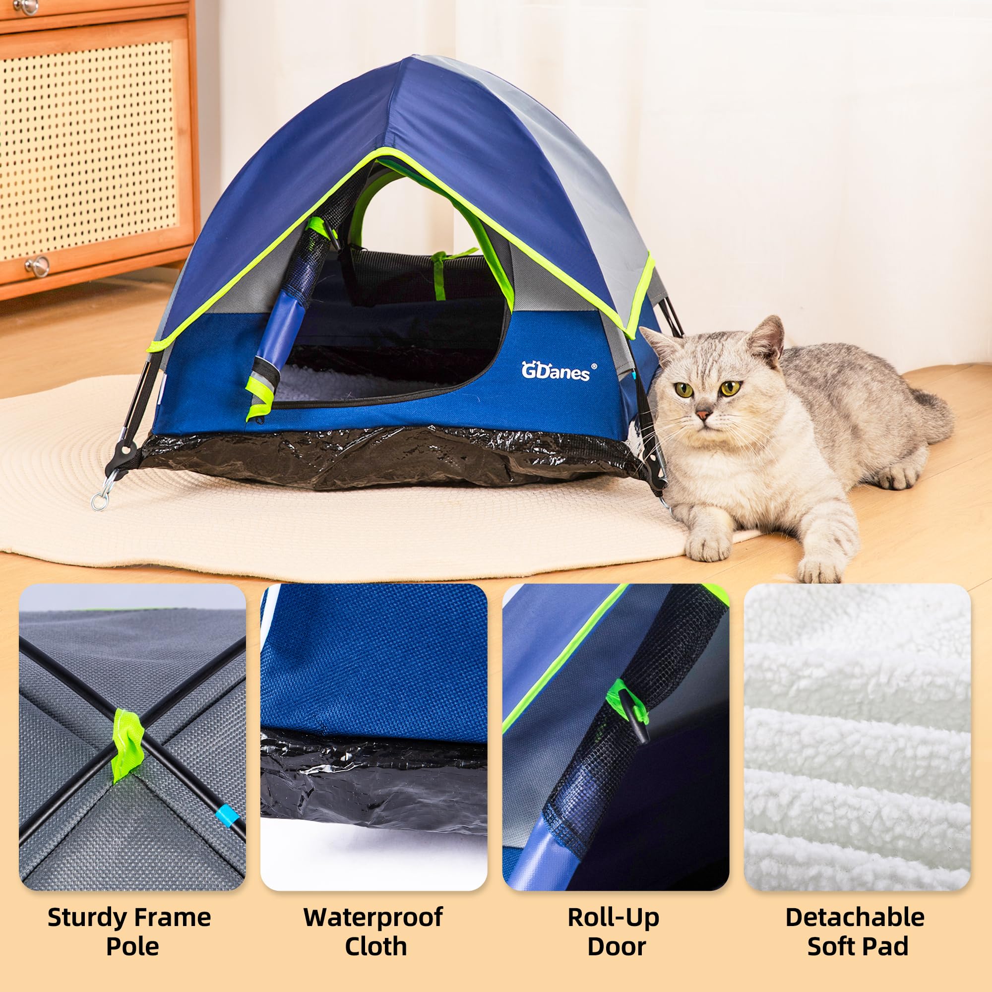 Blue Cat Tent – Large Indoor Outdoor Pet Cave Bed with Mat