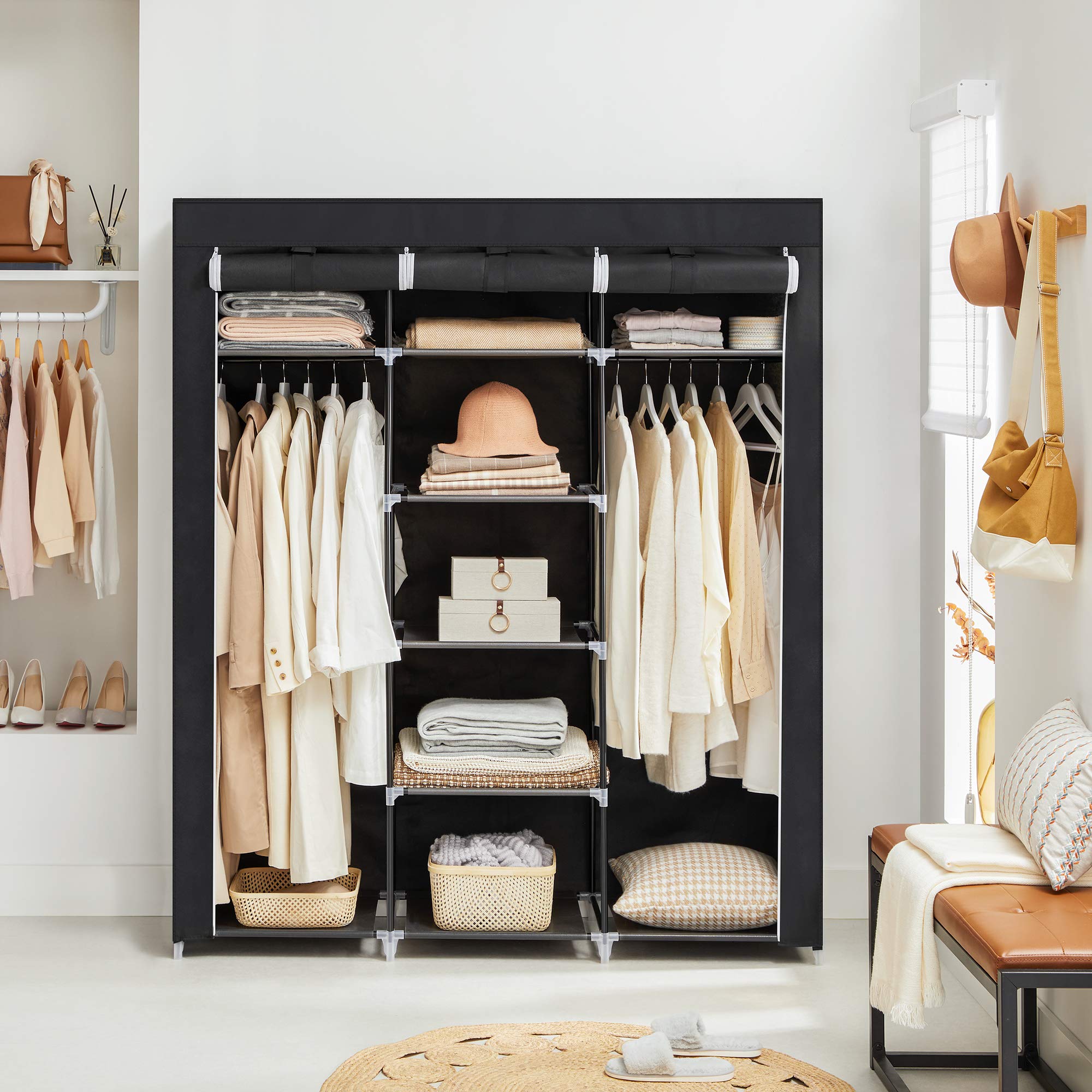 SONGMICS Folding Fabric Wardrobe | Portable Closet with 2 Rails - Black