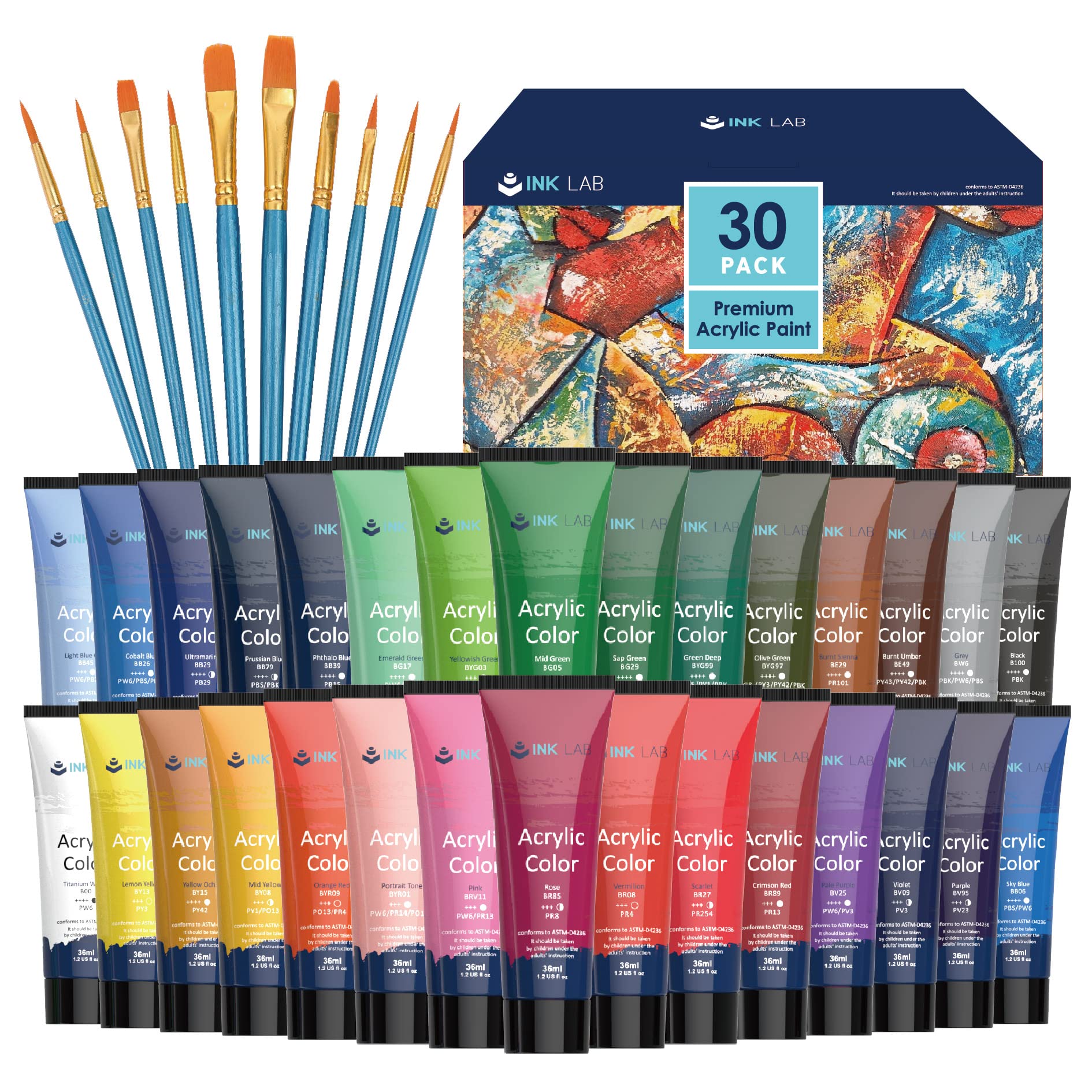 INK LAB Acrylic Paint Set - 30 Vibrant Colors Non-Toxic Art Tubes