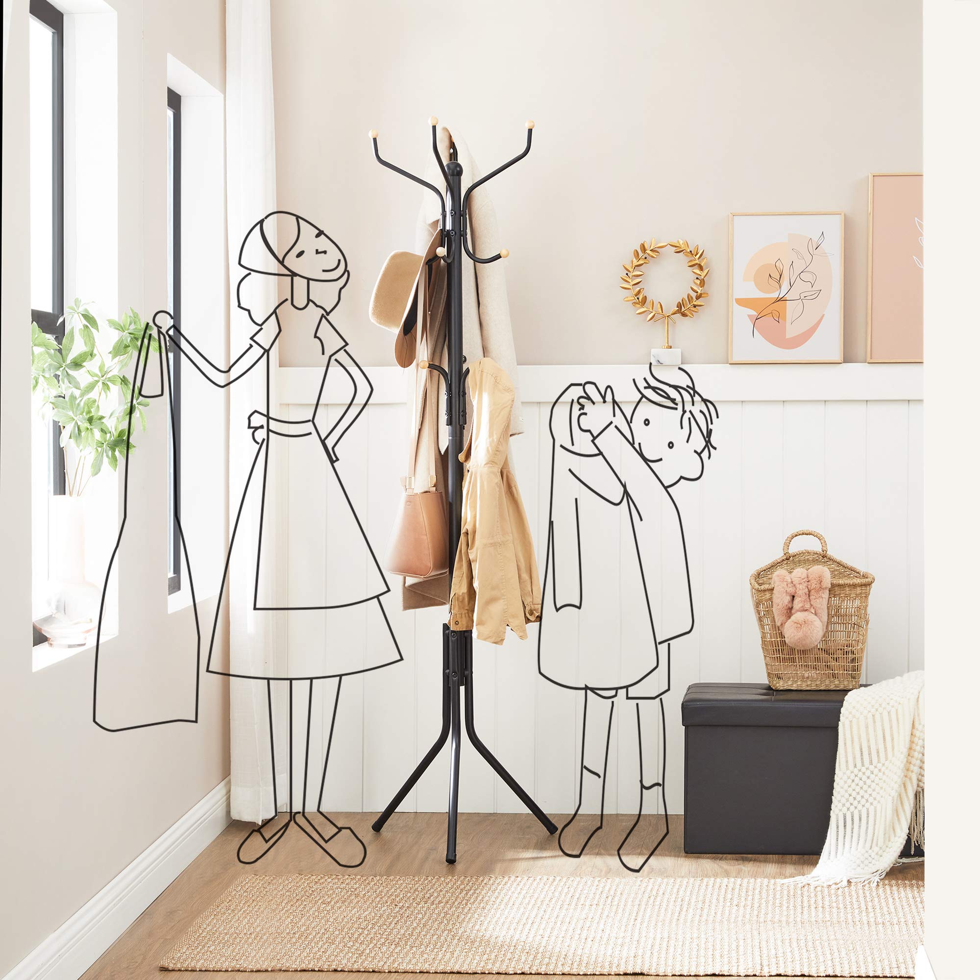 SONGMICS Metal Coat Rack Stand | 12-Hook Free Standing Hall Tree, Black