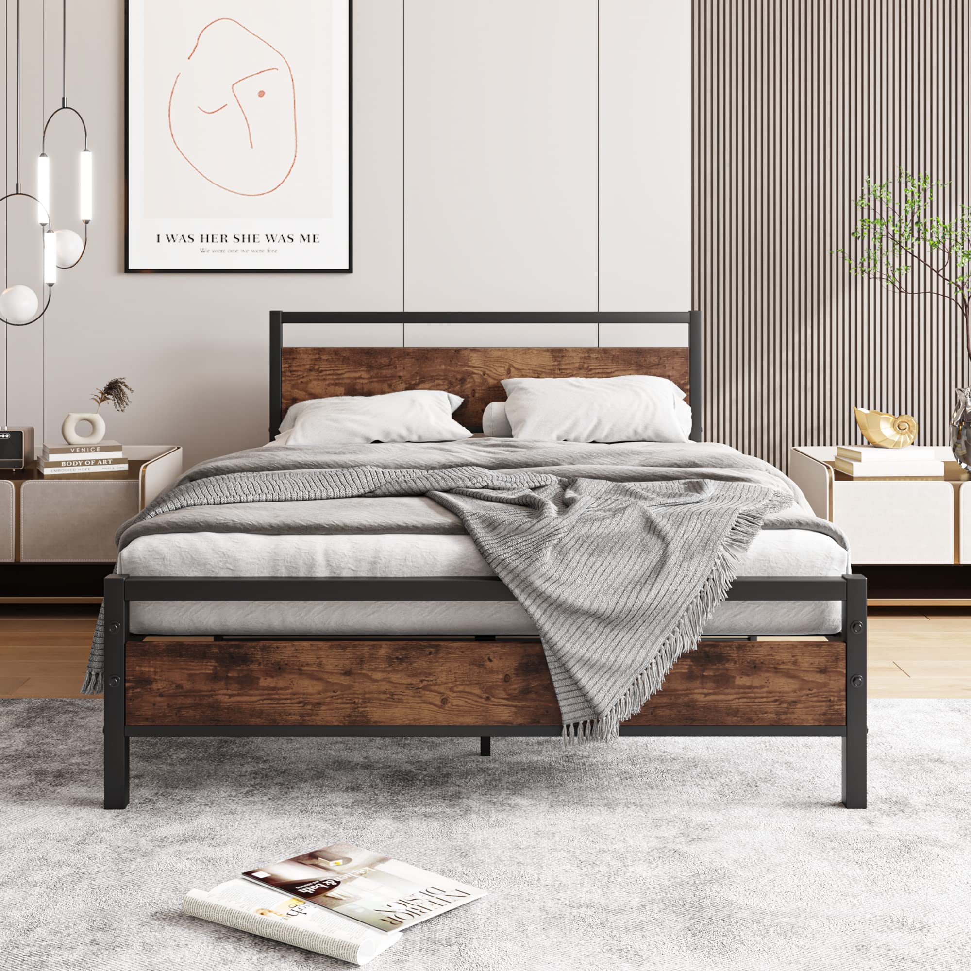 HOJINLINERO Double Bed Frame – Heavy Duty Metal Platform with Wood Headboard