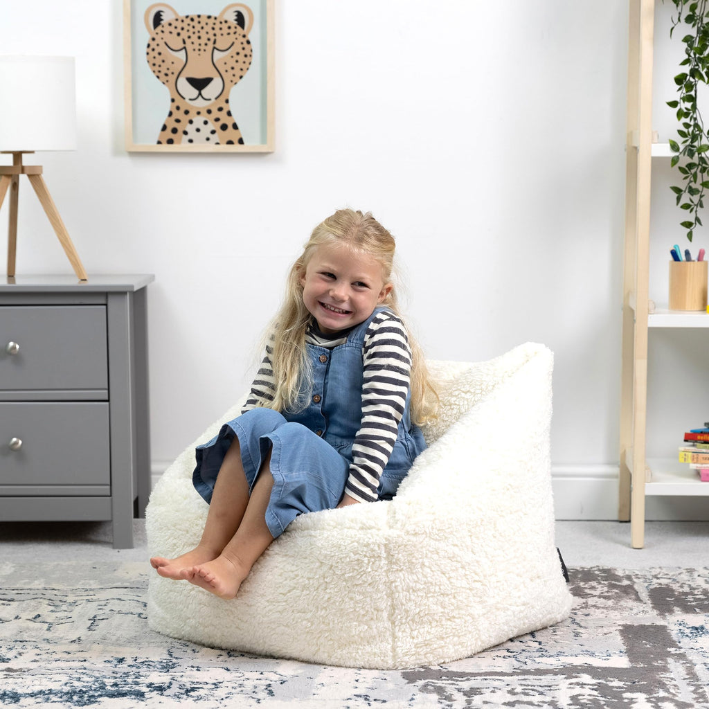 icon Kids Teddy Fleece Bean Bag Chair | Cream Fluffy Toddler Armchair