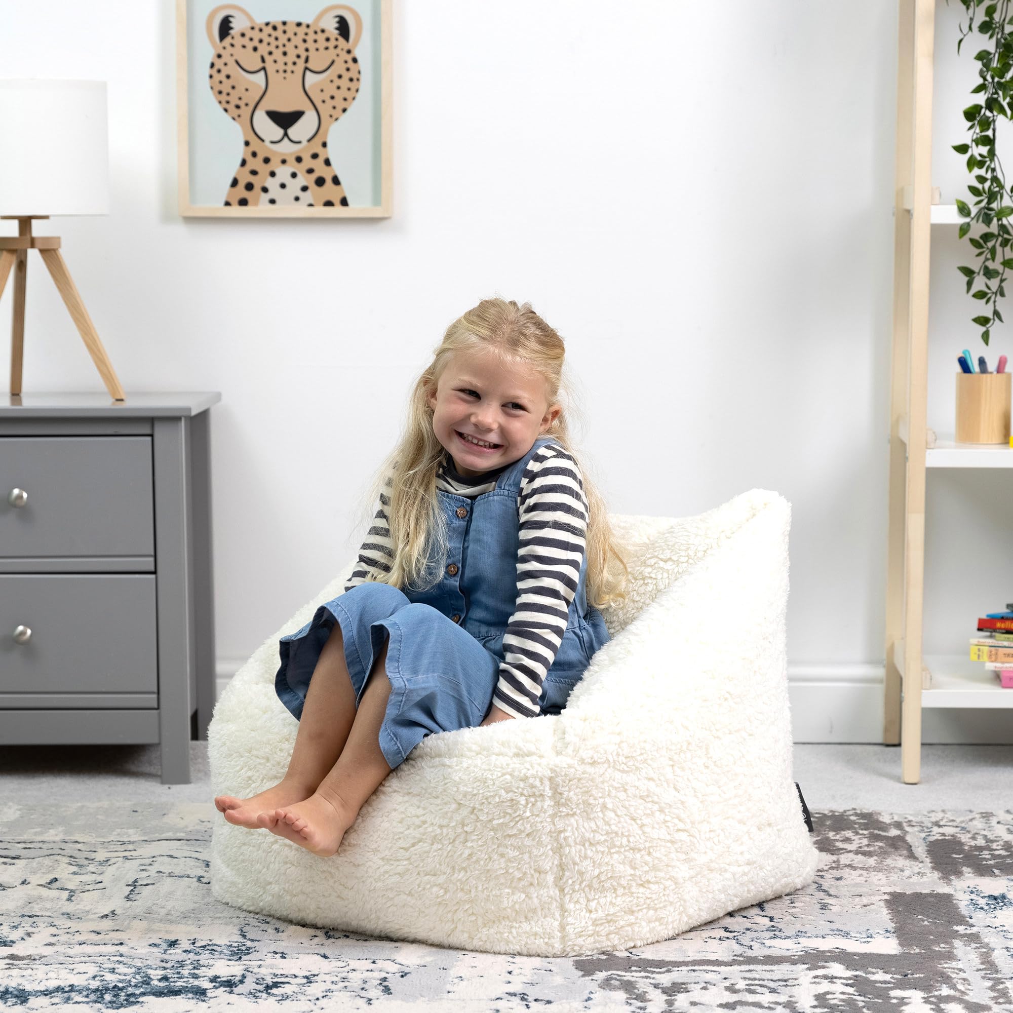 icon Kids Teddy Fleece Bean Bag Chair | Cream Fluffy Toddler Armchair