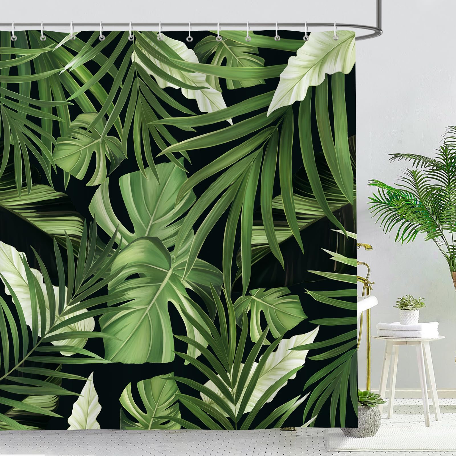 Bonhause Tropical Leaves Shower Curtain | Green Palm Leaf Polyester – 180x180cm