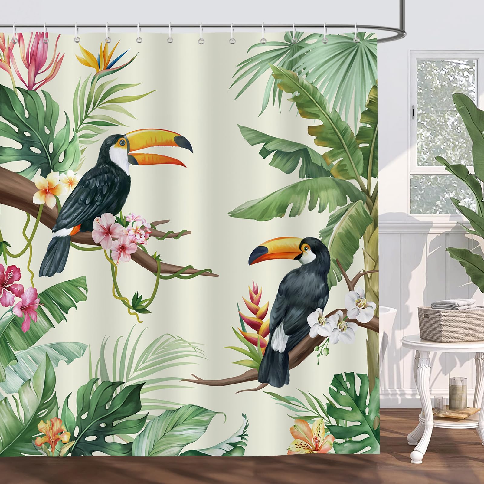 Bonhause Tropical Toucan Shower Curtain | Waterproof Jungle Leaf 180x180cm