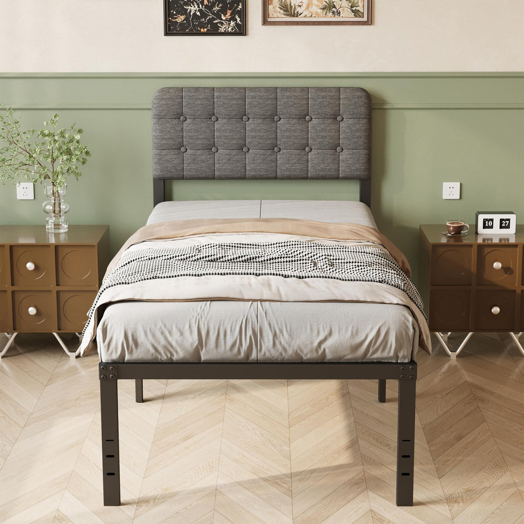 Lutown-Teen Single Bed Frame with Grey Upholstered Headboard - image 3