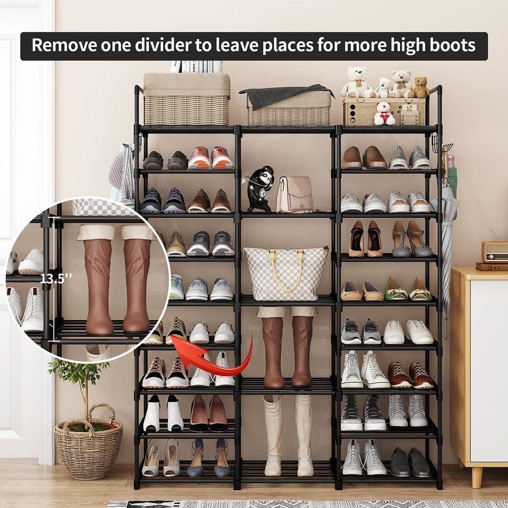 Finew 9-Tier Metal Shoe Rack | 50-55 Pair Stackable Storage Organizer - Black