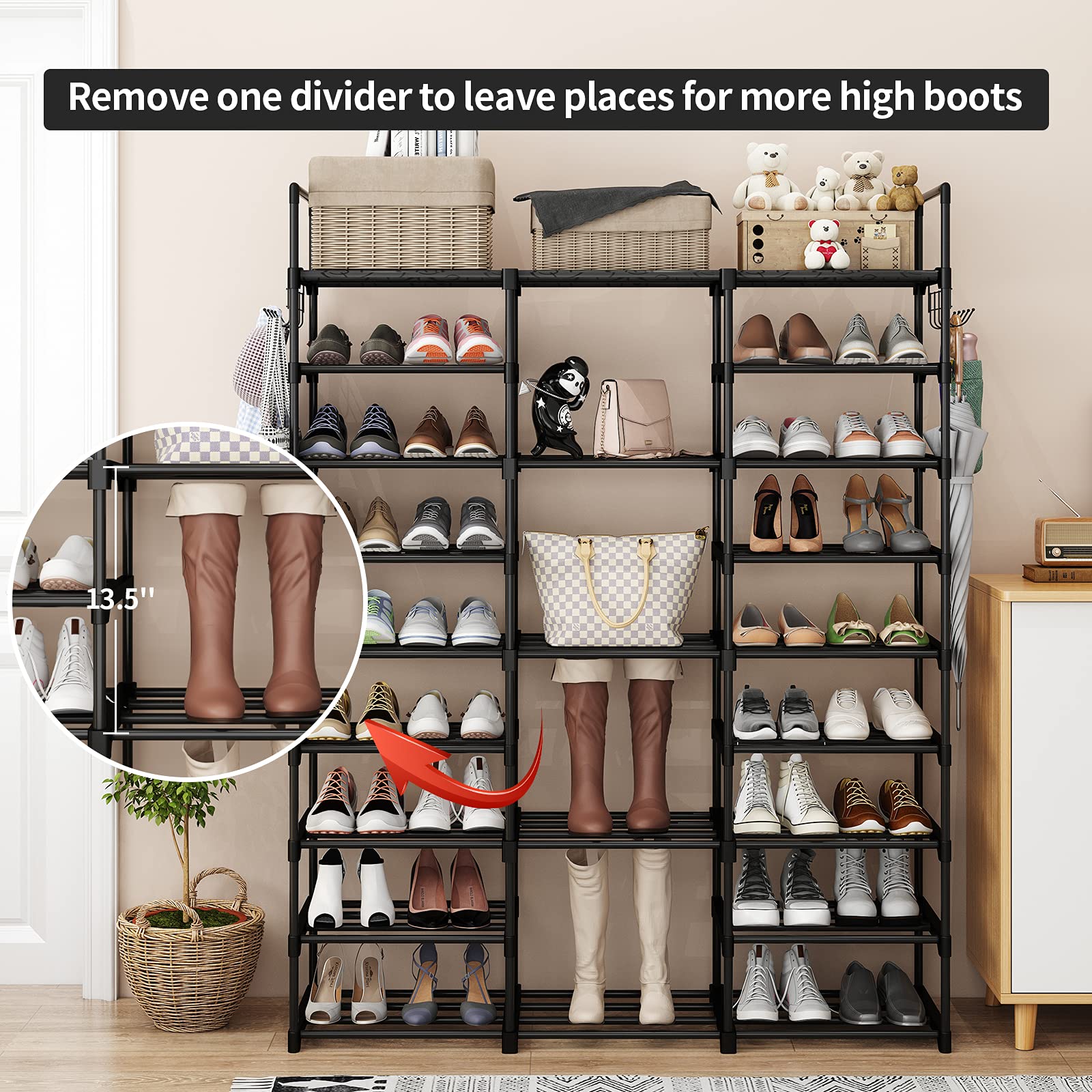 Finew 9-Tier Metal Shoe Rack | 50-55 Pair Stackable Storage Organizer - Black