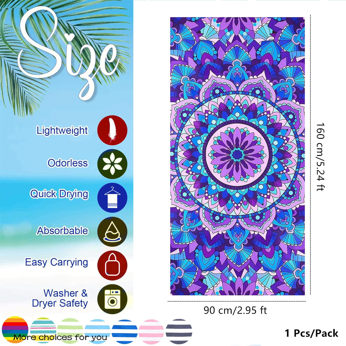 Large Microfibre Mandala Flower Sand Free Towel - 160x90cm, Lightweight Quick Dry, Compact and Thin Sports Travel Swim Towel with Bag - image 2