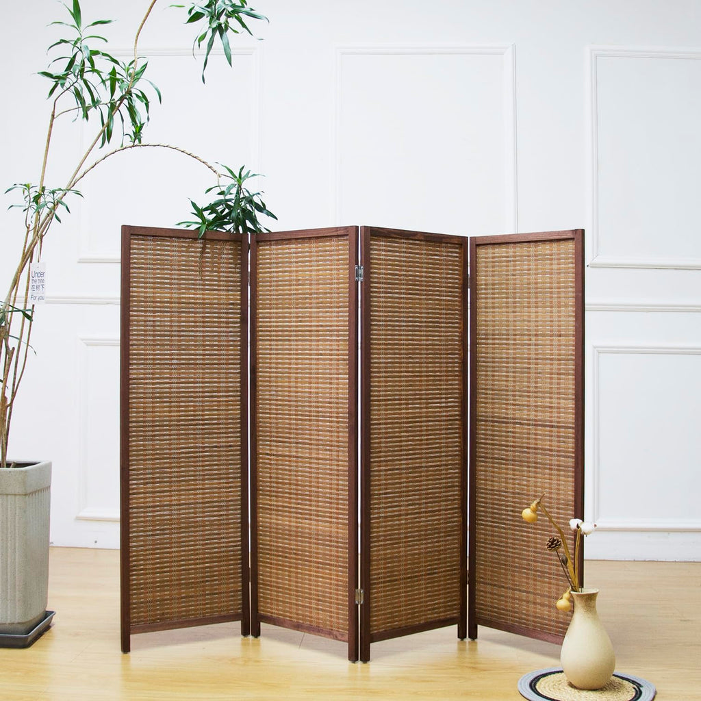 Furnnylane 4 Panel Bamboo Room Divider Short Folding Screen Divider,Double Sided Bamboo Divider Screen for Room Separation,Brown,120 cm H x 156 cm W