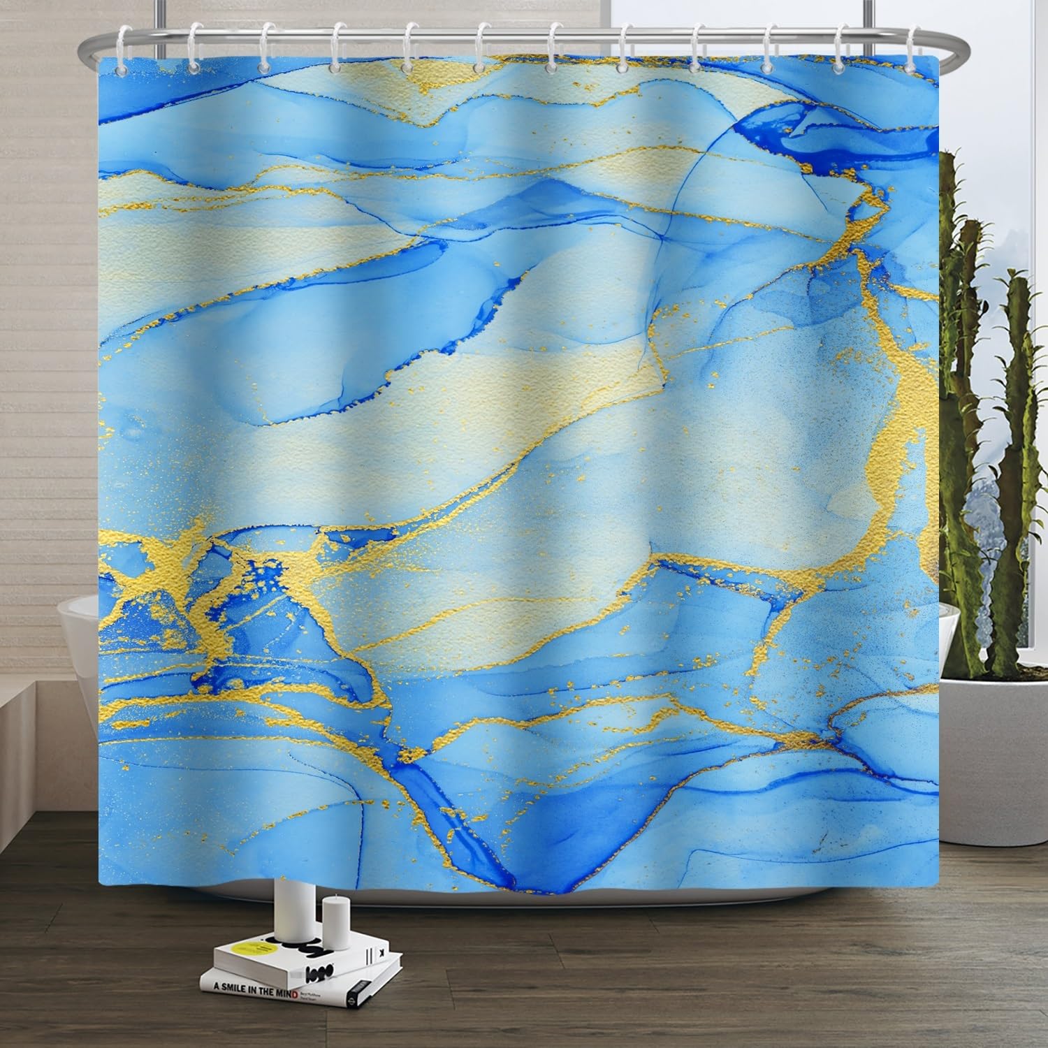 Jolof Store Marble Shower Curtain | Navy Blue & Gold Waterproof Polyester