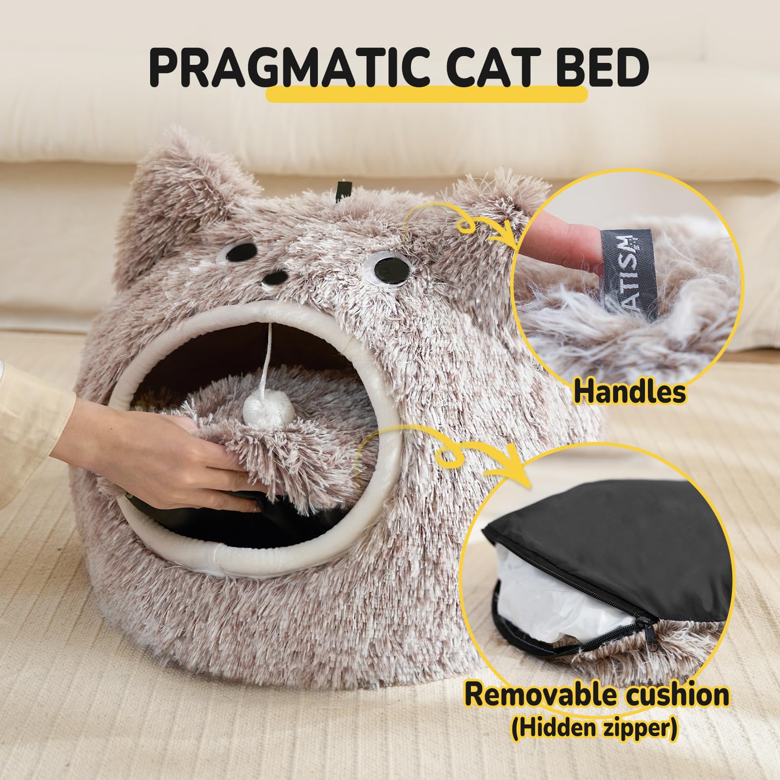 CATISM Cat Cave Bed – Washable Plush Monster Pet House for Cats, Coffee