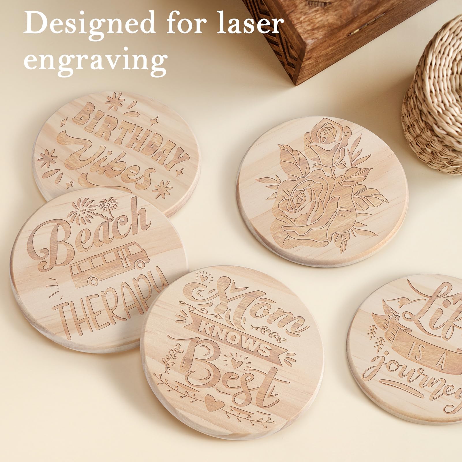 GOH DODD 48-Piece Unfinished Pine Wood Coasters for Laser Engraving, 4 Inch