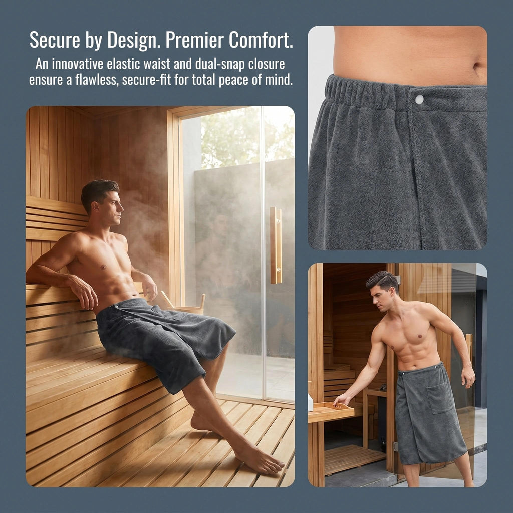 HUANYO Men's Bath Towel Wrap with Pocket – Adjustable, Super Absorbent Towel Skirt for Home, Gym, Spa, Beach & Pool Grey