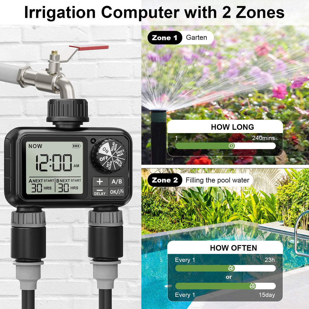Xtsuen 2-Outlet Water Timer – IPX5 Waterproof Garden Hose Sprinkler Timer