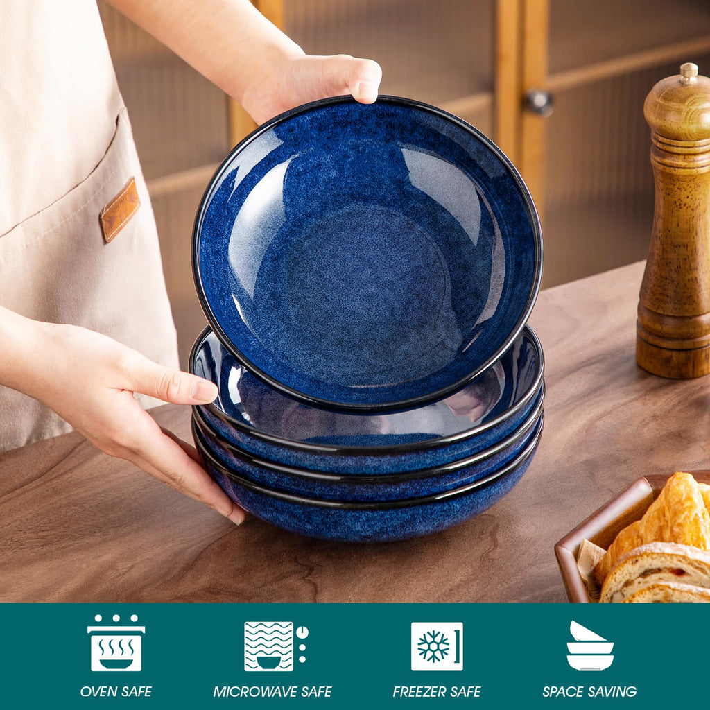 vancasso Stern 38 oz Ceramic Pasta Bowl Set of 4 | Blue Stoneware Salad Bowls