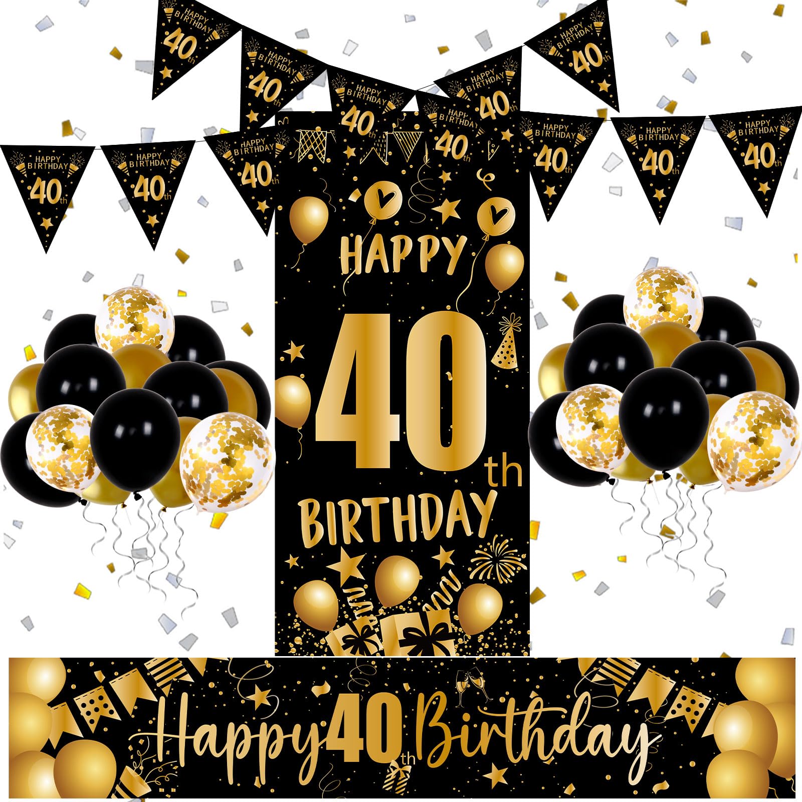 Jolof Store 40th Birthday Decorations - Black and Gold Banner & Balloon Kit