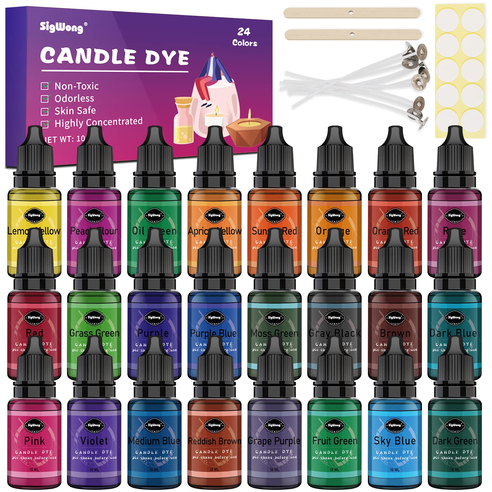 SigWong Liquid Candle Dye - 24 Colors Oil-Based Wax Coloring Kit