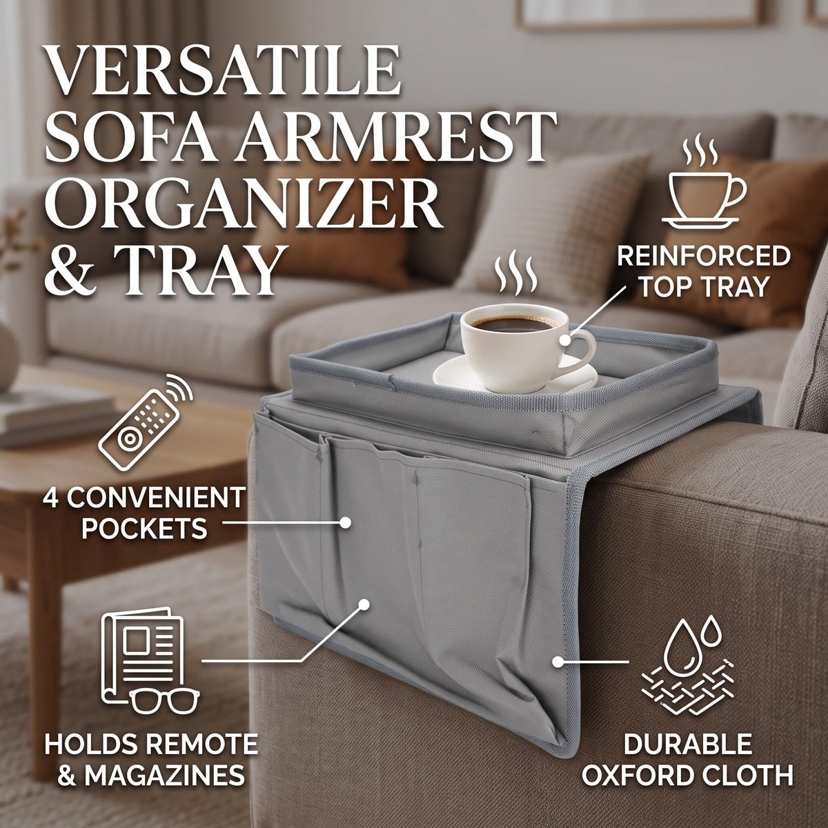 Ejoyous Sofa Armrest Organizer, 4 Pockets Couch Bag for TV Remote Control, Oxford Cloth Armchair Storage with Cup Holder Tray Gray