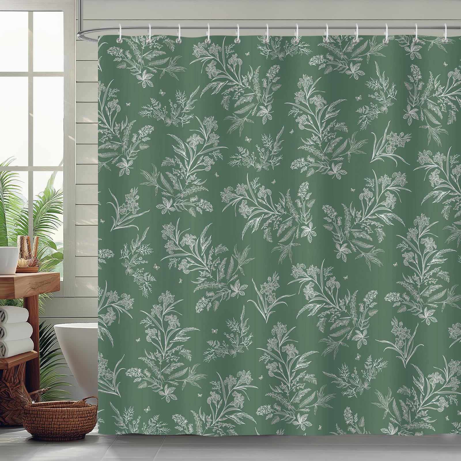 COZZSNUGE Vintage Floral Shower Curtain | Green Boho Botanical Fabric