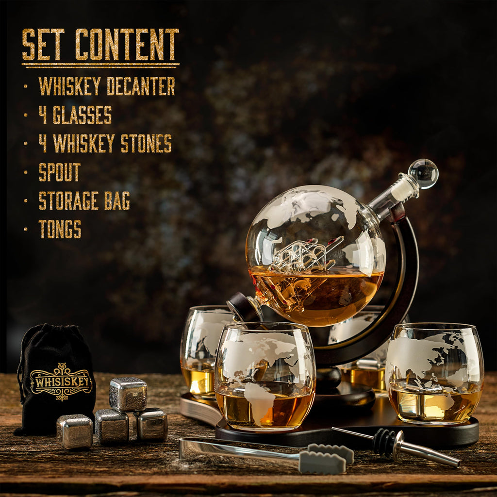 WHISISKEY Globe Whiskey Decanter Set – 900ml Carafe with 4 Glasses
