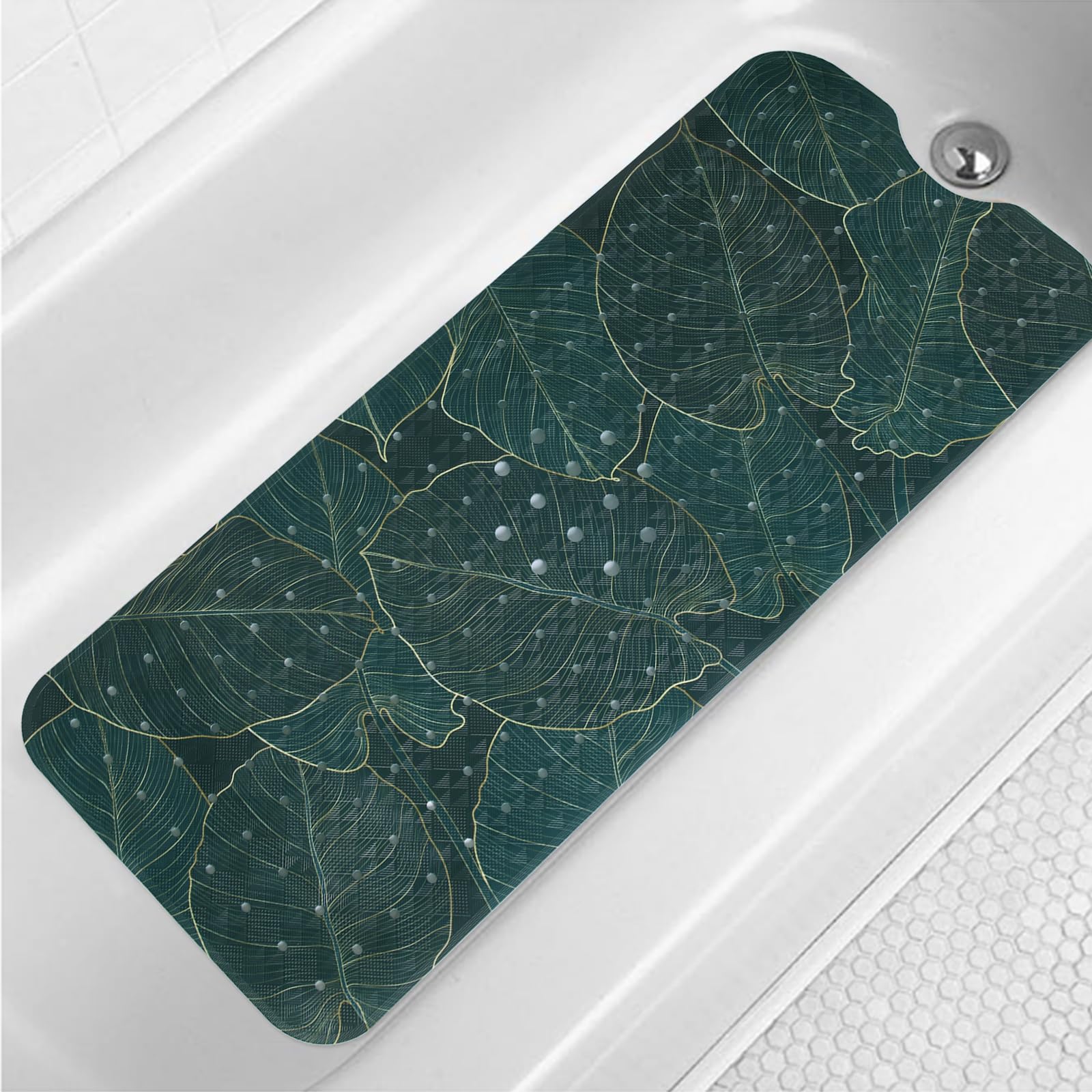 Jolof Store Palm Leaves Non-Slip Bathtub Mat | Extra Long 40x16 PVC Mat