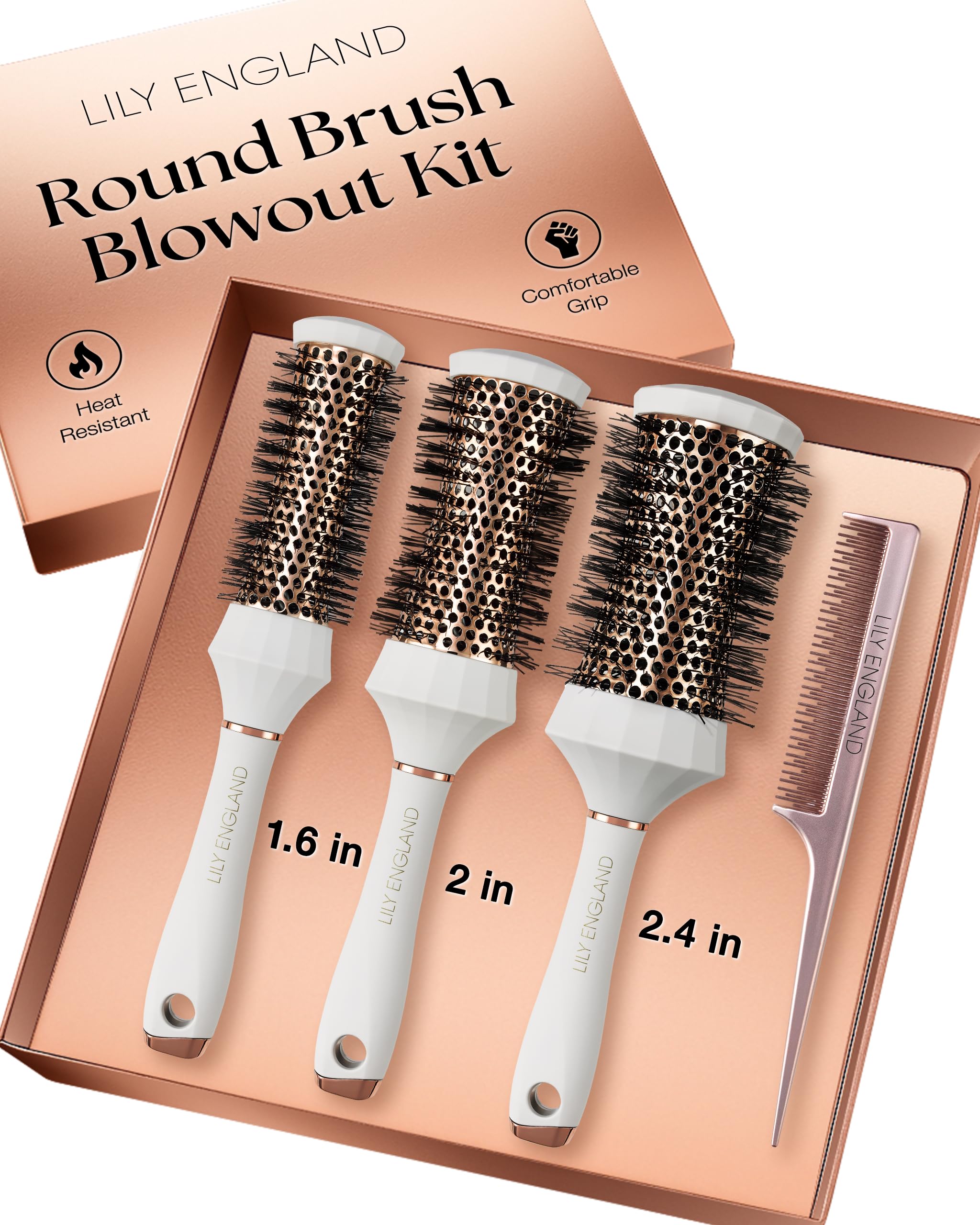 Lily England Round Hair Brush Set | 4 Piece Professional Blow Dry Kit