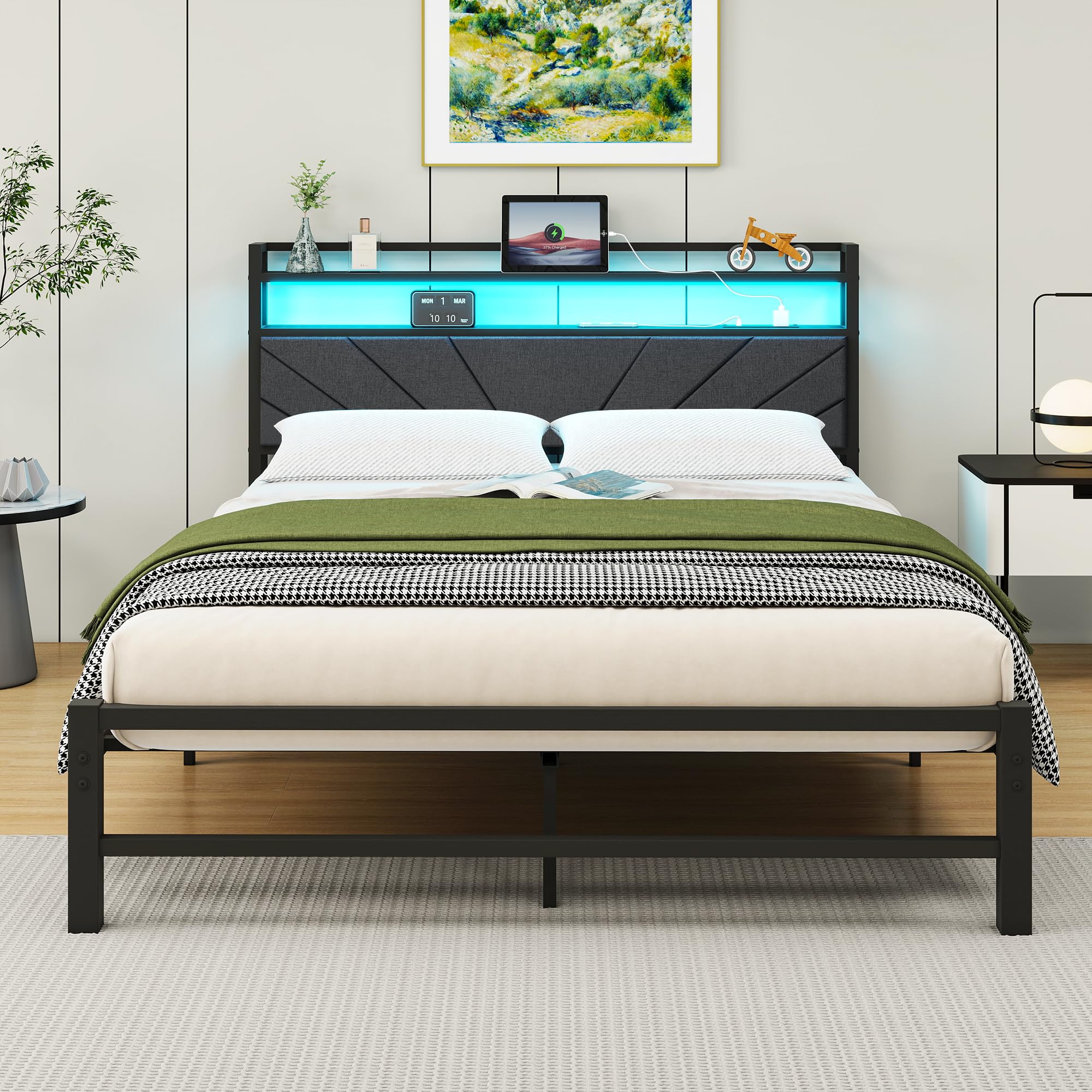 HOMERECOMMEND King Bed Frame with LED Storage Headboard & Charging Station