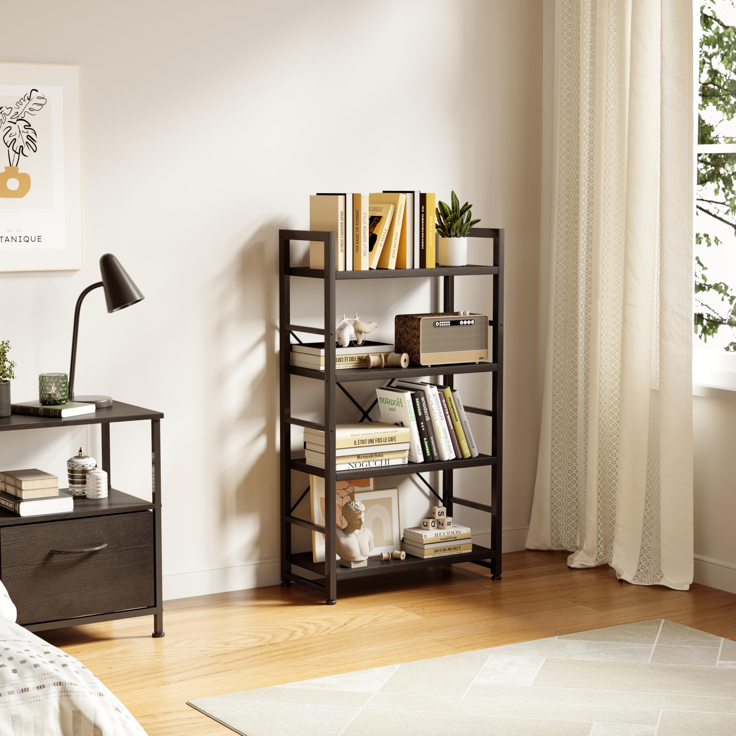VERMESS 4-Tier Industrial Bookshelf – Rustic Wood and Metal Display Rack
