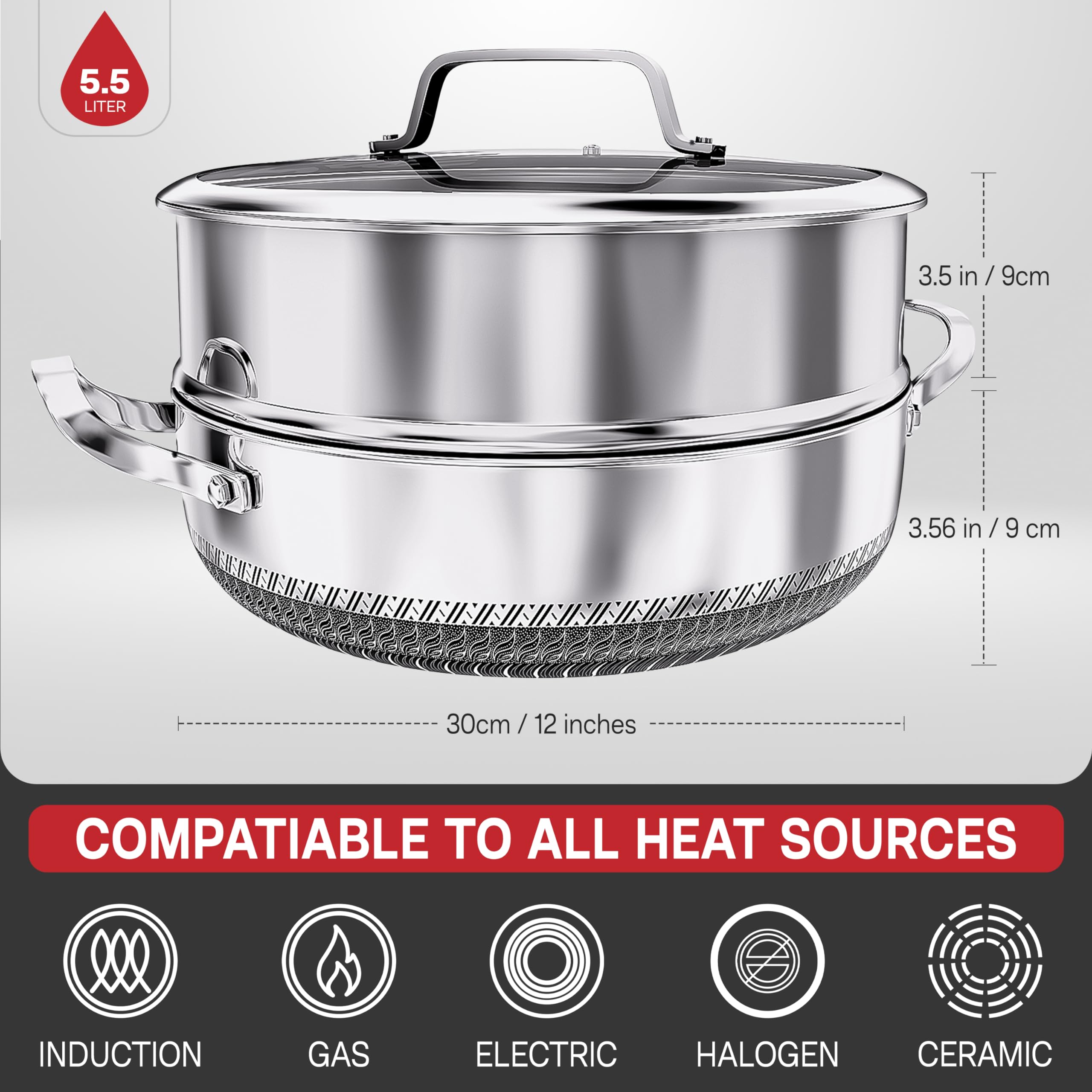 Jolof Store 30cm Stainless Steel Hybrid Casserole Dish with Steamer