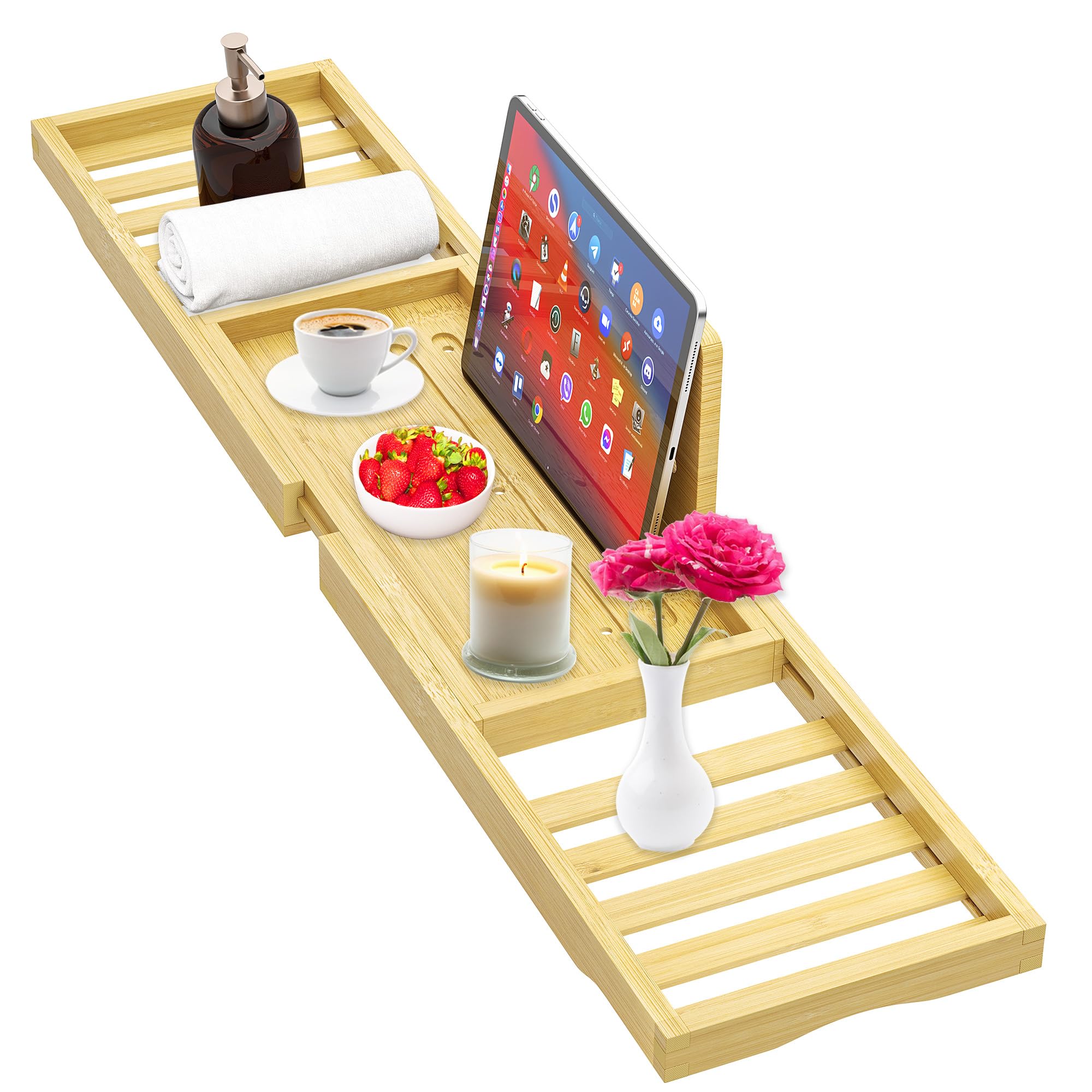 Expandable Bamboo Bath Tray – Wooden Bathtub Caddy Organizer