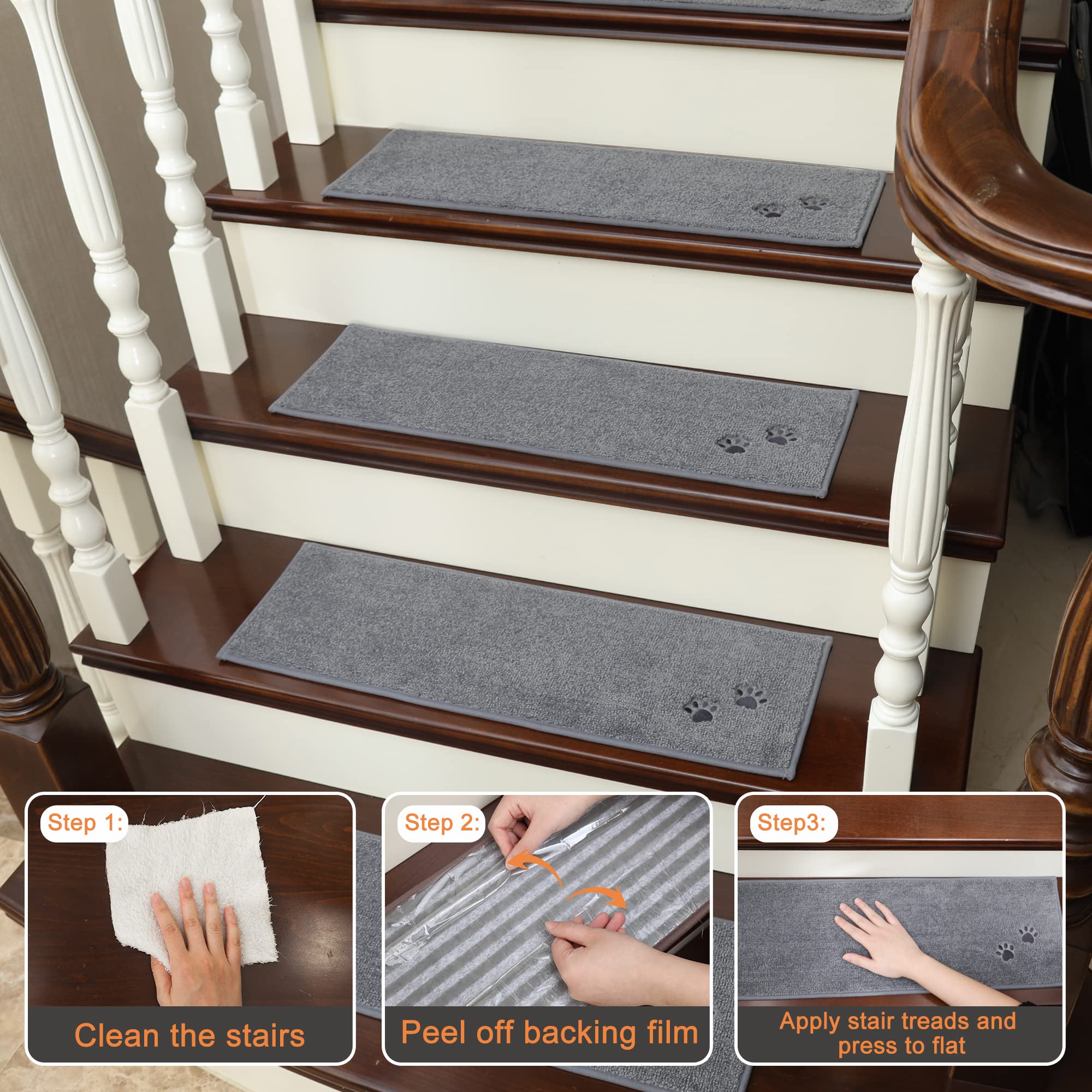 BEQHAUSE Non-Slip Stair Treads - Washable Grey Carpet Runner, 15pcs