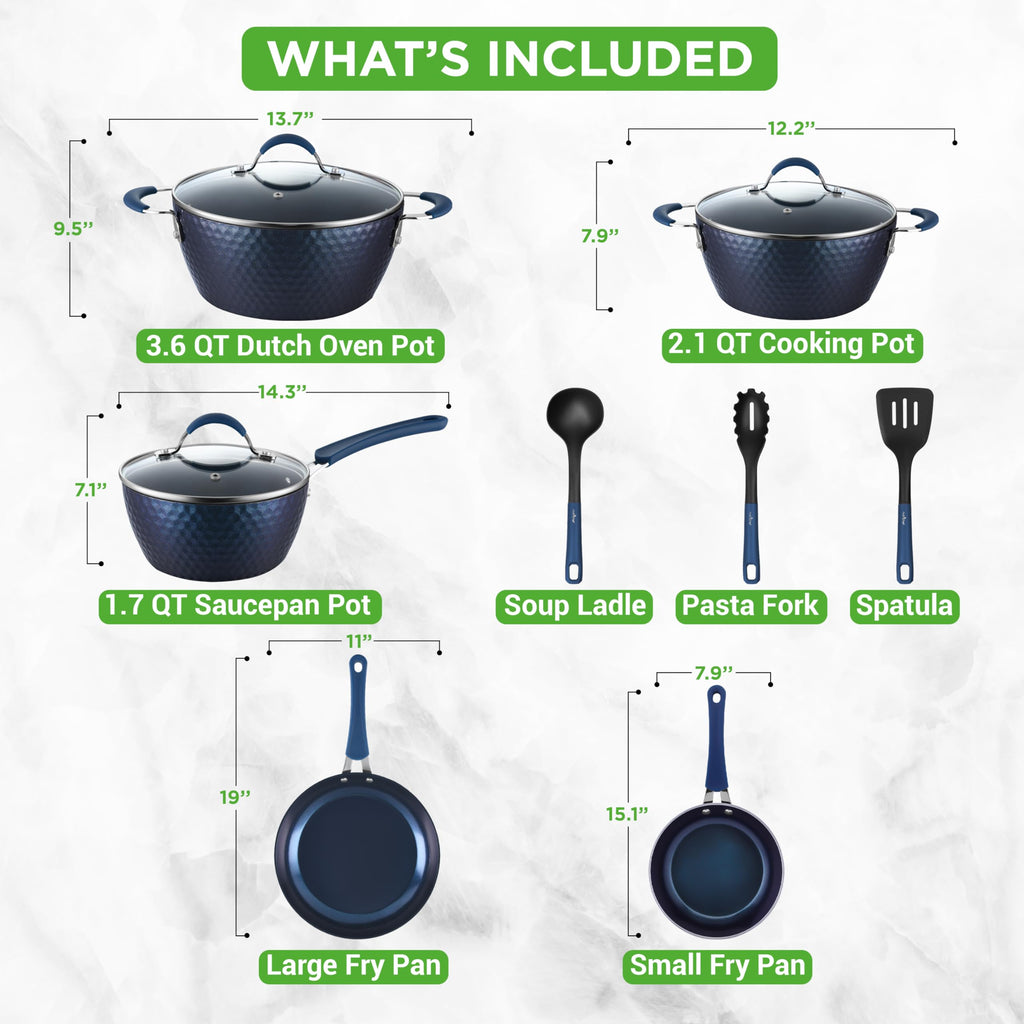 NutriChef 11-Piece Non-Stick Cookware Set | Blue Diamond Ceramic Pots & Pans