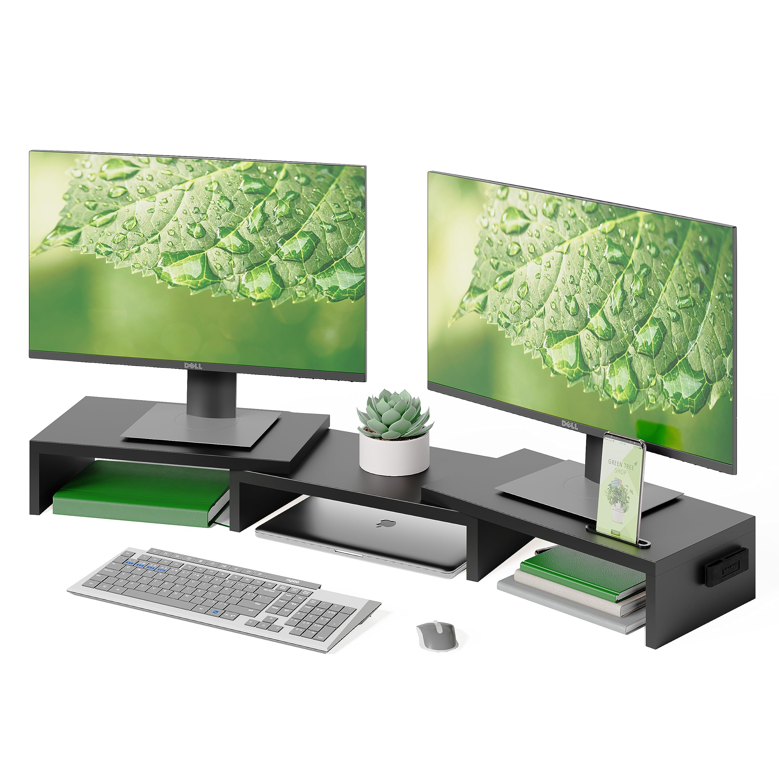 BONTEC Dual Wooden Monitor Stand – Adjustable Riser with Desk Groove