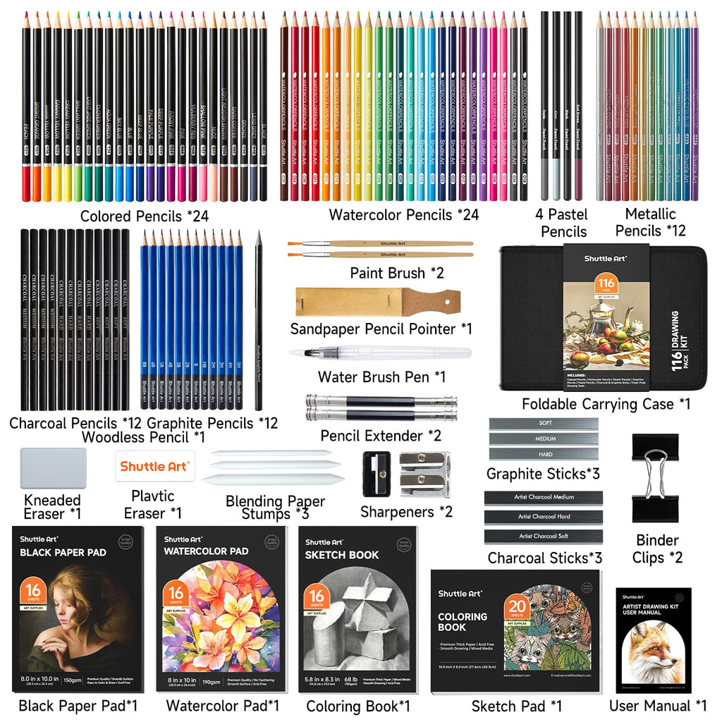 Shuttle Art 116 Pack Drawing Pencils Set | 4 Pads & Zipper Case