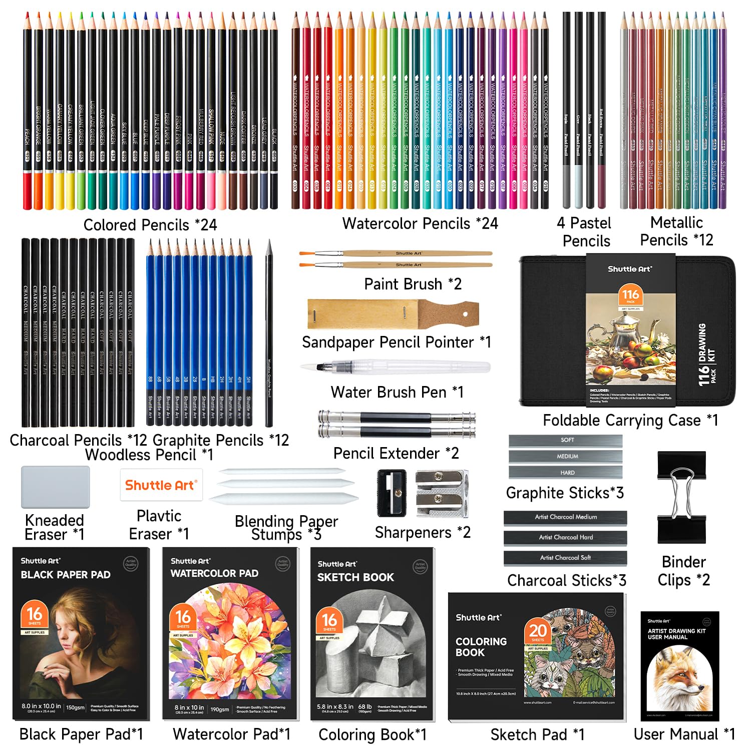 Shuttle Art 116 Pack Drawing Pencils Set | 4 Pads & Zipper Case