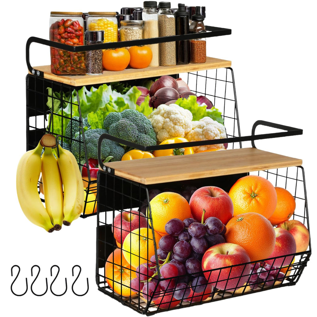 OMISHINE Magnetic Spice Rack & Fruit Basket Set – 2 Tier Metal Kitchen Storage