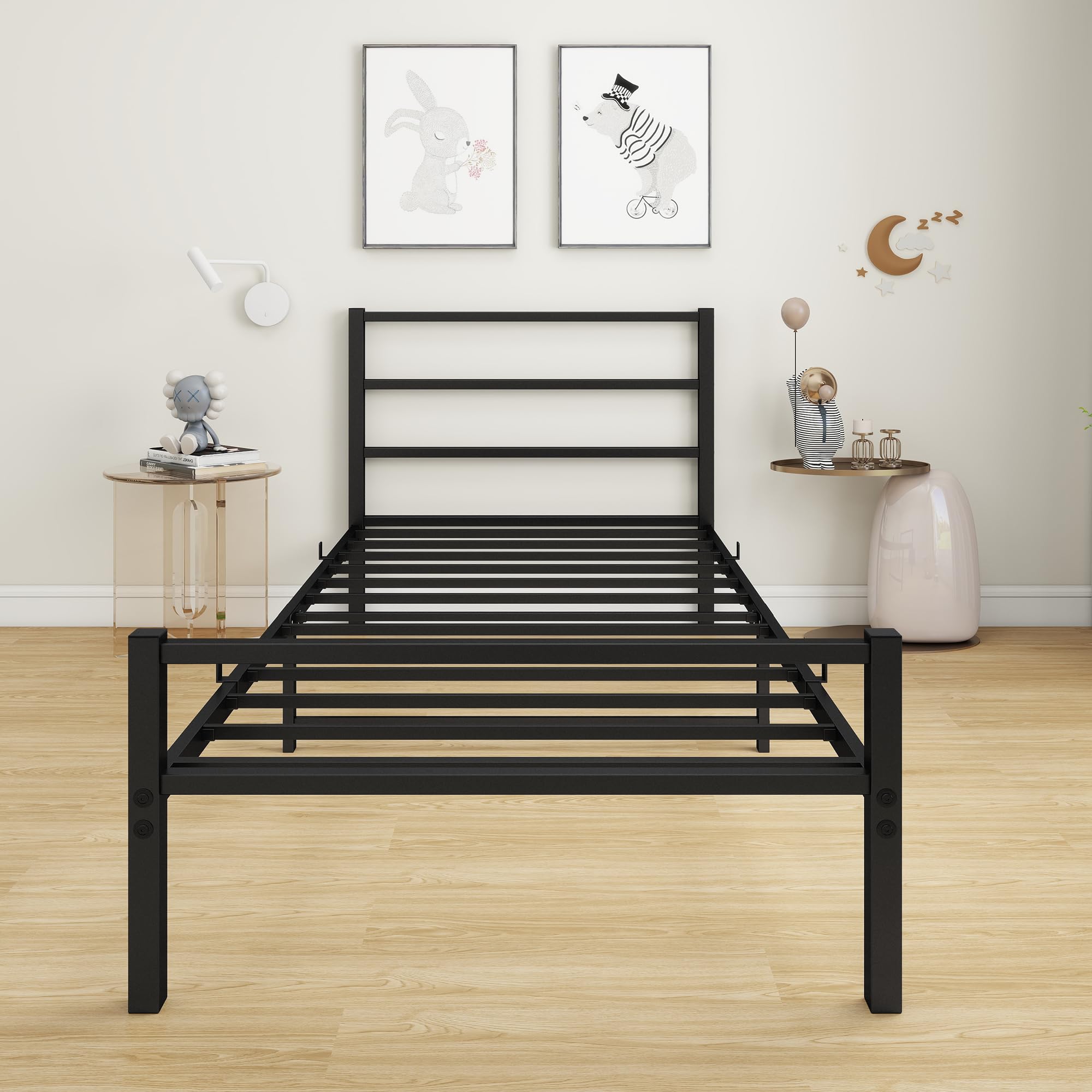 MOFLUT Single Bed Frame | Black Metal Upholstered Frame with Storage