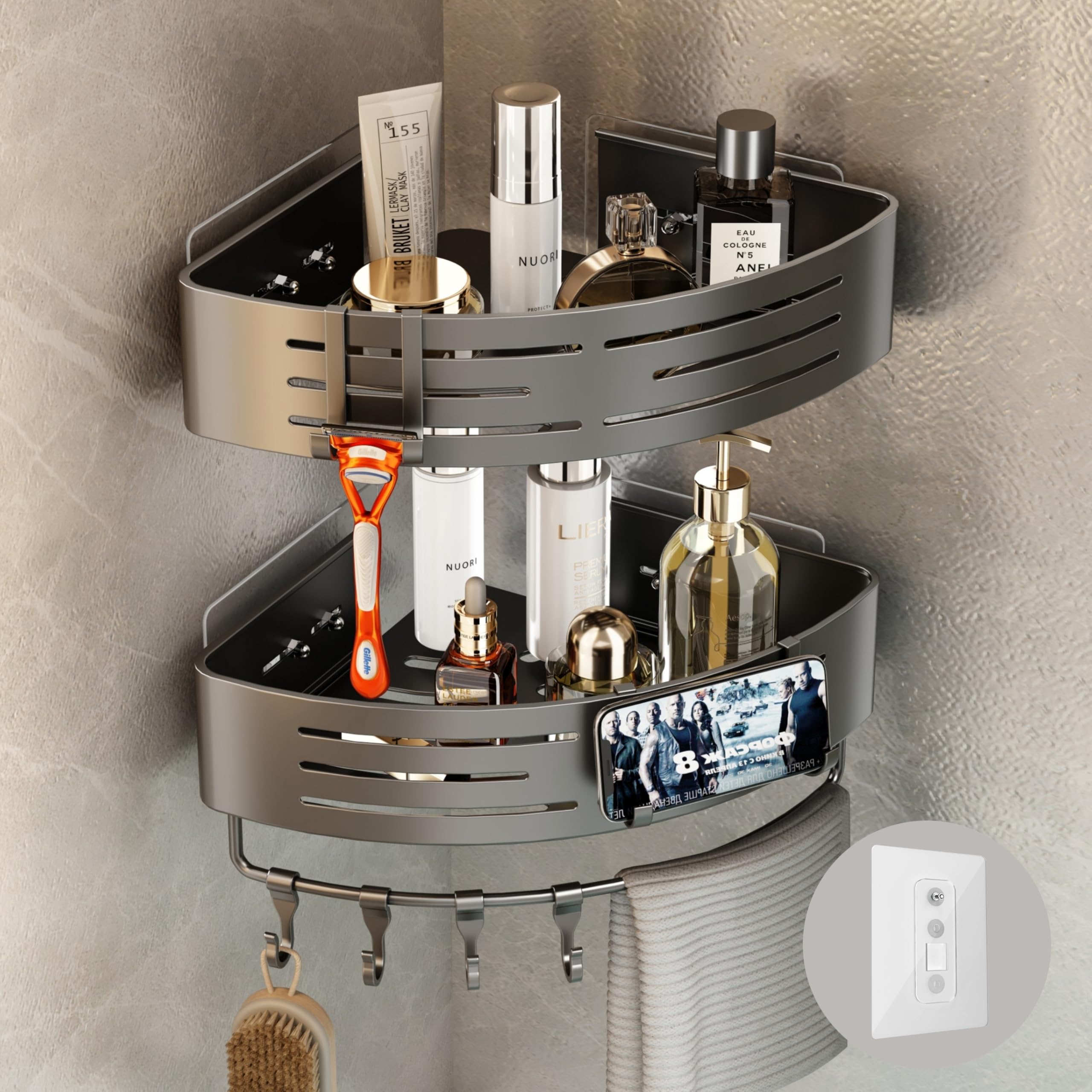 Voldra Corner Shower Caddy – 2 Pack Adhesive Aluminum Shelves with Hooks